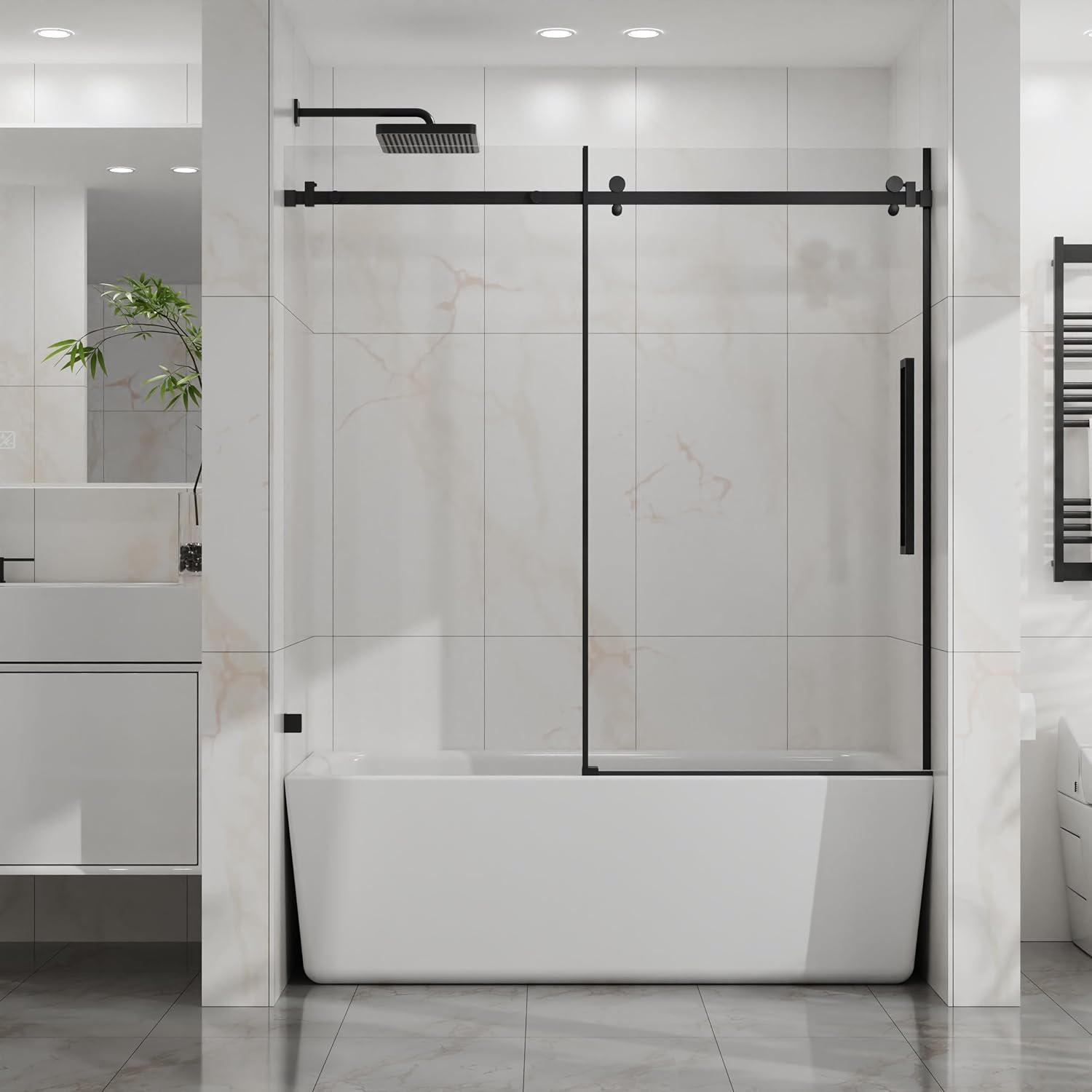 Bathtub Sliding Door, Glass, Matte Black, Frameless, Contemporary, 60W x 58H inches, Reversible Installation, 73.6 pounds
