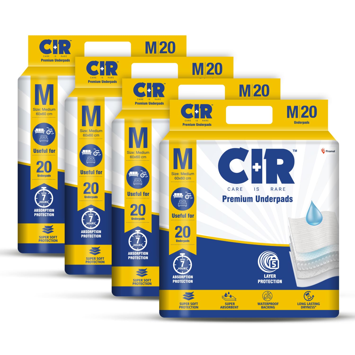 CIR Premium Underpads, Medium (60x60cm) | 7 hrs Absorption Protection | 20 Units | Waterproof | Protects Surfaces from Incontinence | Super Soft Polymer Pack of 1
