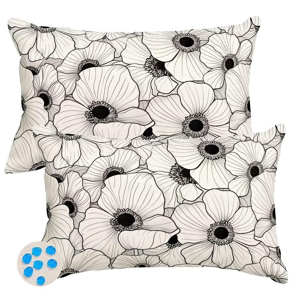 Outdoor Cushions Waterproof Cushion Covers 35cm x 55cm Pack of 2 Black and White Garden Cushion Cover Flowers Decorative Throw Pillow Covers 14 x 22 Inch Outdoor Pillowcase for Garden Patio -SC388