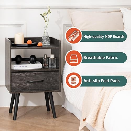 Miniatura 3 de Yoobure Mesita de noche con cajón de tela, mesita de noche moderna, mesitas de noche, mesitas de noche de mediados de siglo con estante de