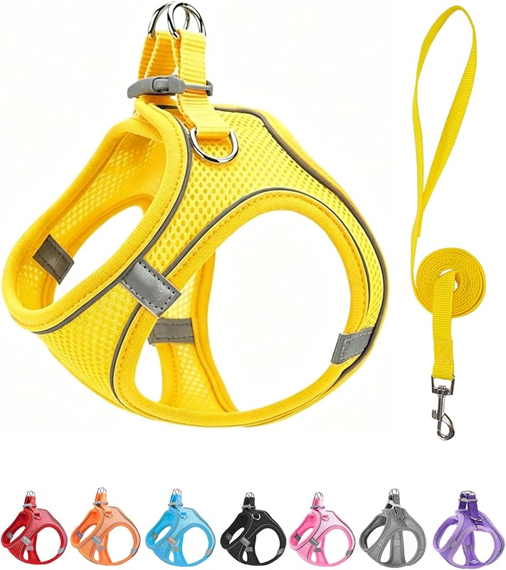 Peitoral Vest Amarelo com Malha Macia, Faixas Refletivas e Guia para Cães e Gatos JUFOO – XS