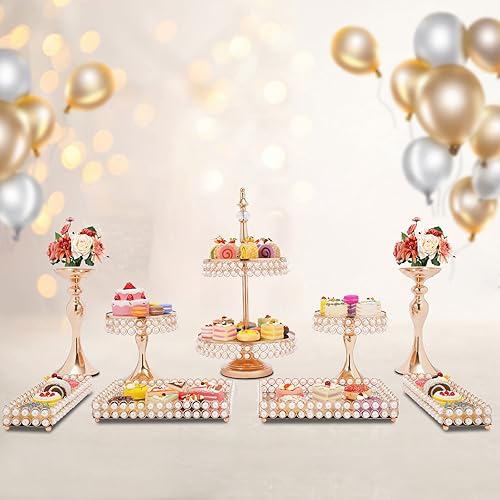 YIYIBYUS Juego de 9 soportes de cristal para tartas, soporte para cupcakes, frutas, dulces, postres con cuentas de cristal para mesa de postre, 9