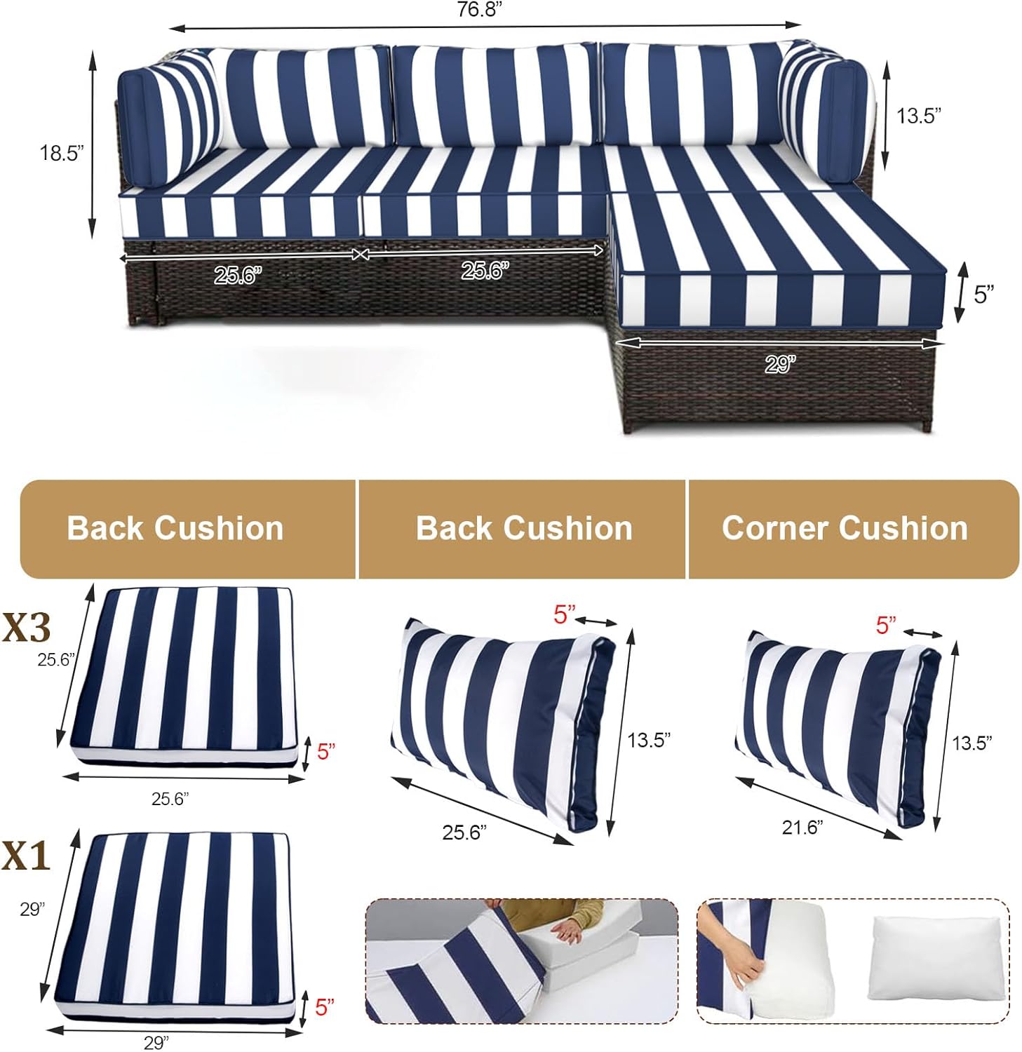 Outdoor Sectional Cushions, 5" Replacement Cushions for Patio Furniture, 9 Piece Water-Resistant Couch Replacement Set, for 4-seat Patio L Shaped Wicker Sofa (Blue Striped)