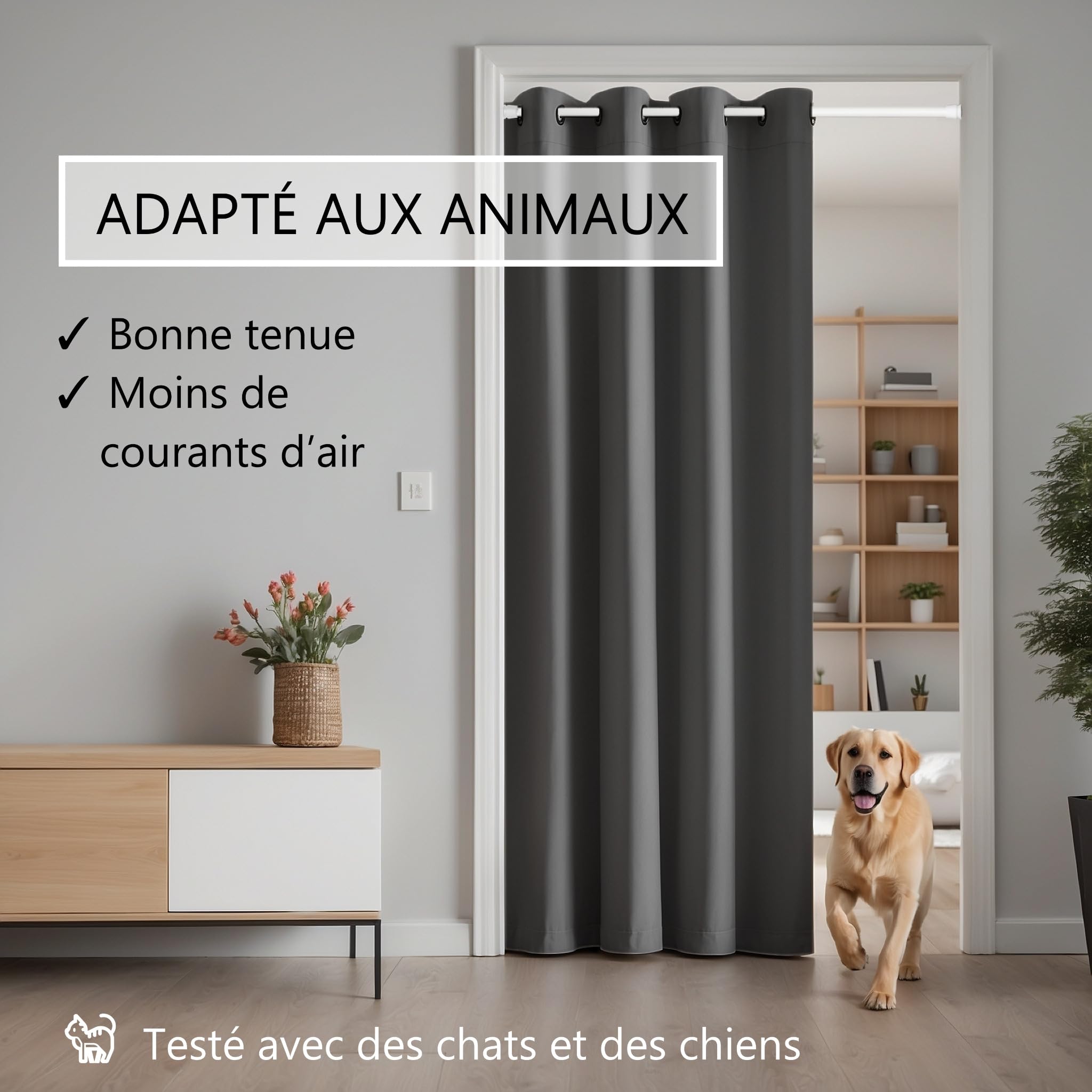 Rideau de porte avec tringle télescopique, montage facile en seulement 1 minute sans perçage (rideau de porte anthracite + barre de serrage blanche - Rideau 210 x 150 cm (H x l) + barre 70-120 cm
