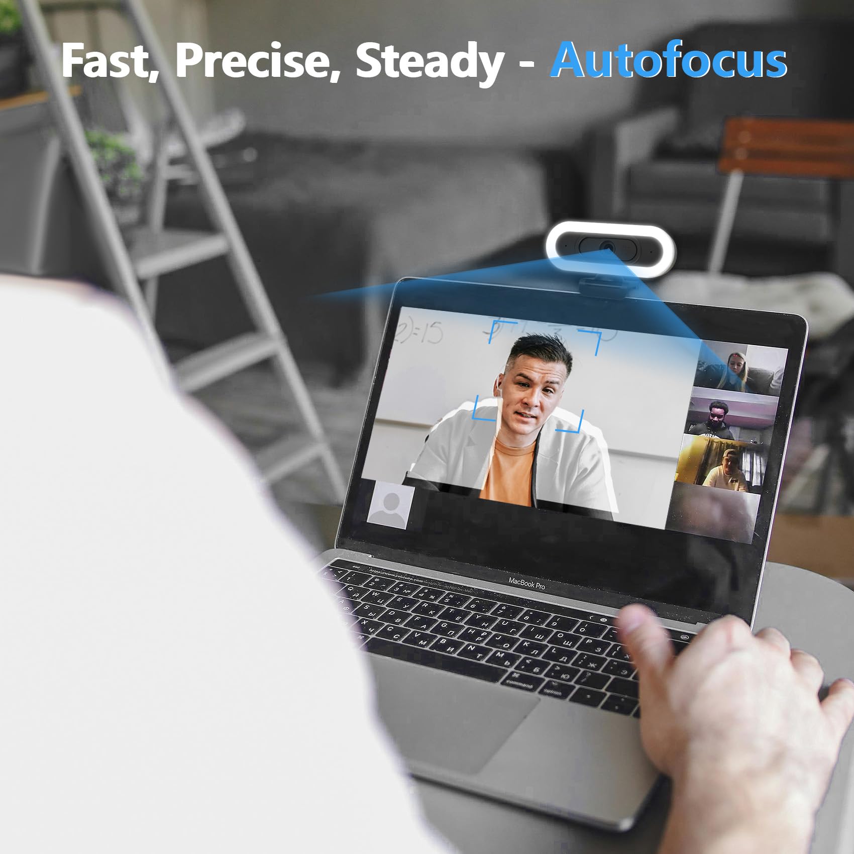 Webcam 2K per PC, webcam LED RGB con microfono e luce, autofocus, treppiede girevole e copertura per la privacy per streaming live, videochiamate, giochi, funziona con zoom, Skype, YouTube, team