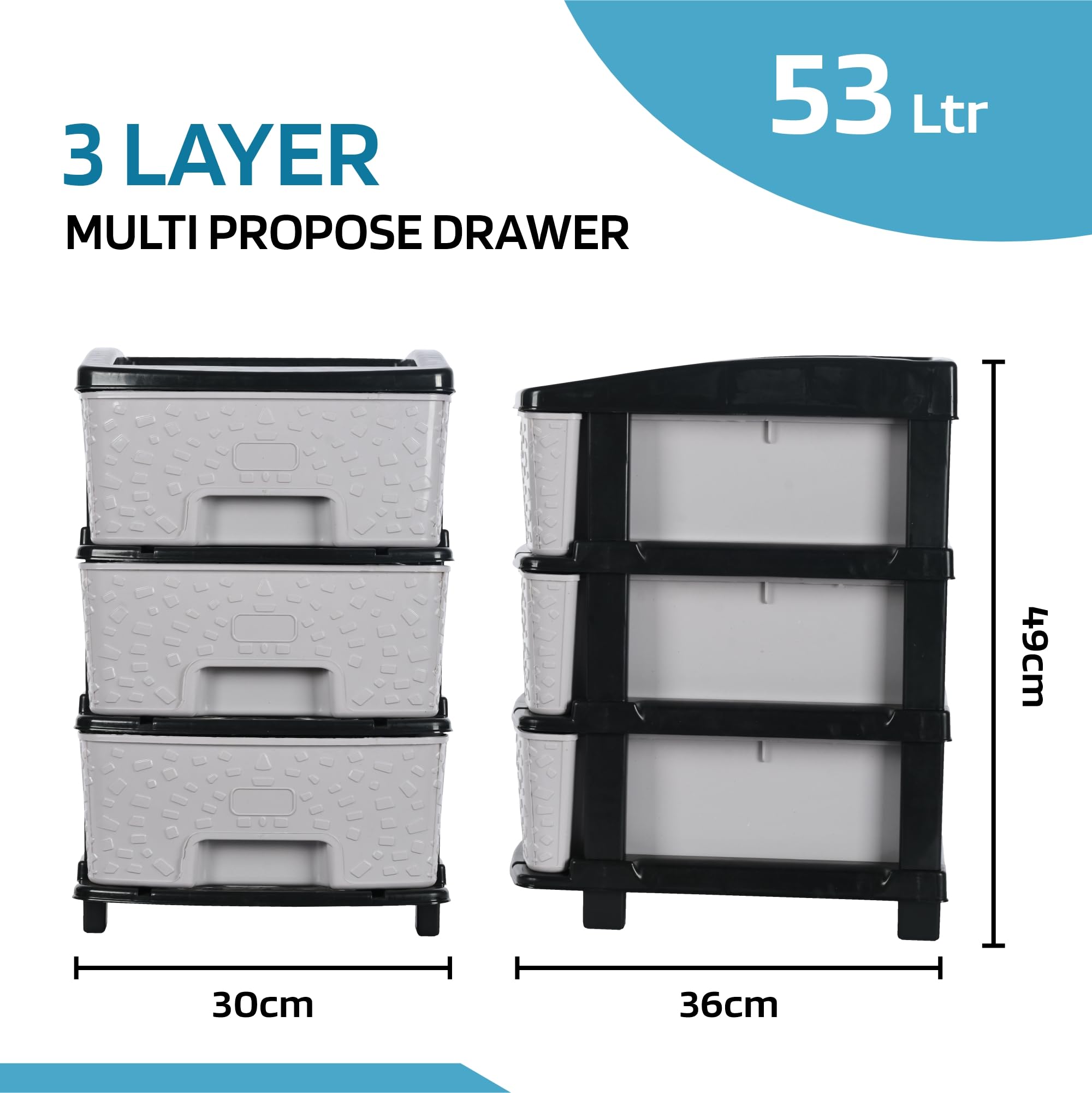 Kuber Industries 3-warstwowy i plastikowy organizer do przechowywania szuflad o pojemności 53 l, modułowy organizer do kuchni i zabawek do pokoju dziecięcego, czarno-szary