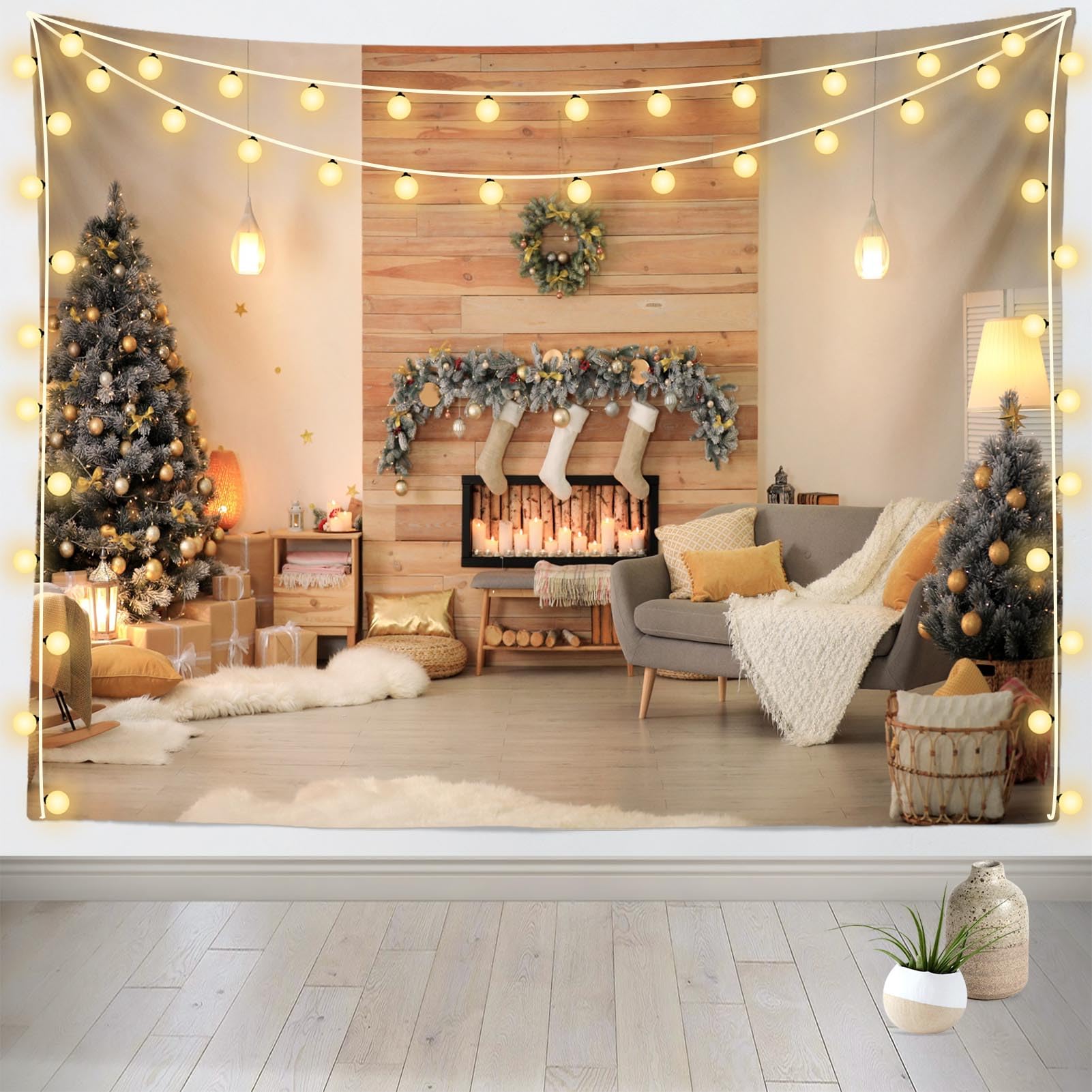 Cozy holiday living room with warm lights and décor.