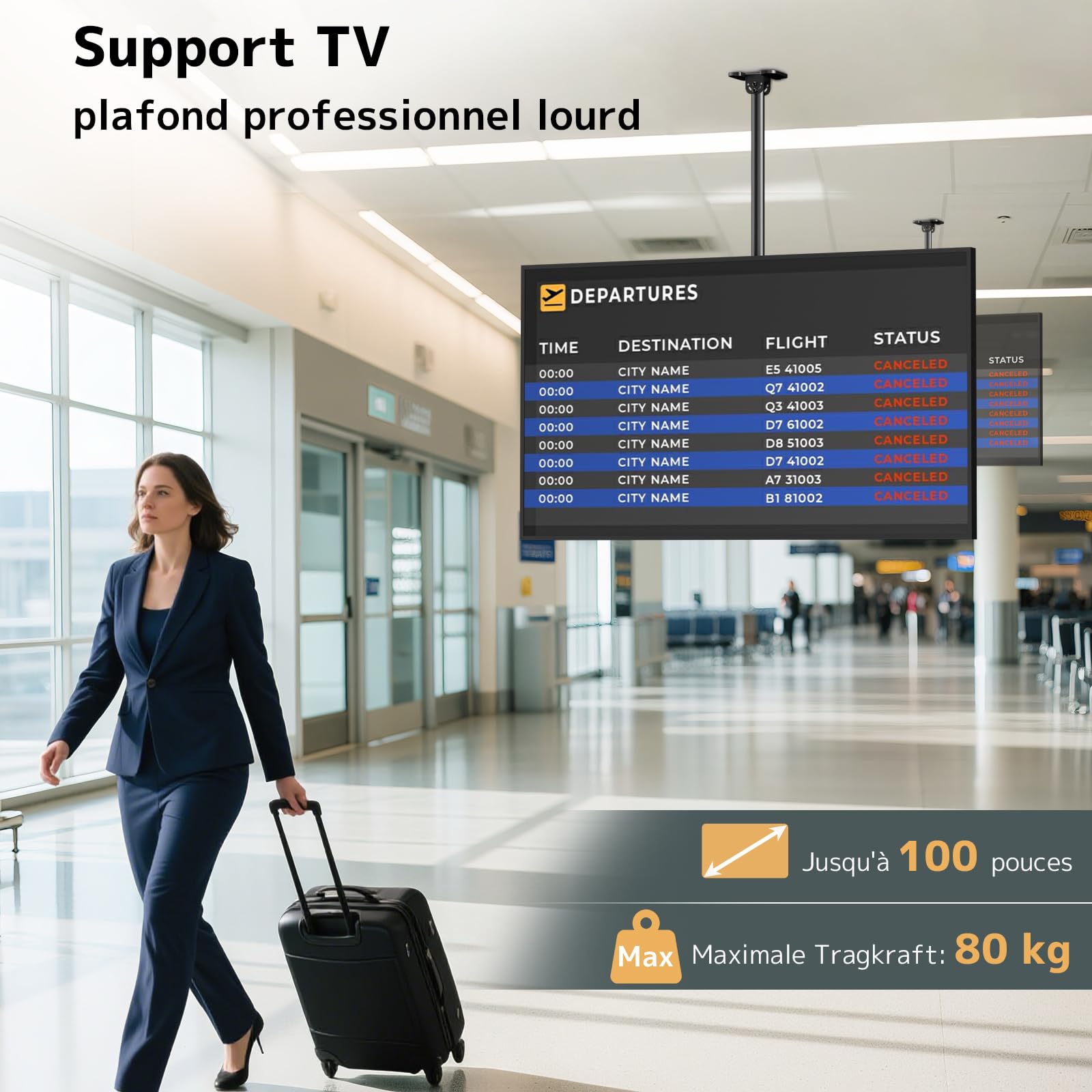 Support TV Plafond pour Écrans 50 à 100 Pouces, Charge 80 kg, VESA Jusqu’ à 800x600 – Réglable en Hauteur (1090–1690 mm), Inclinable et Pivotant, Support Professionnel pour Commerces et Cinéma Maison