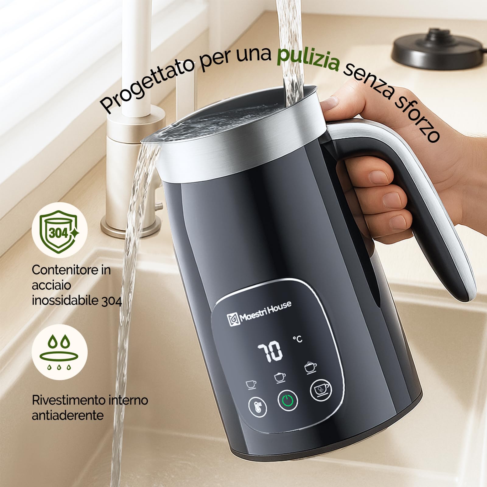 Maestri House Montalatte elettrico 4 in 1, 400 ml, controllo smart touch, funzione di memoria per latte, cappuccino, latte caldo, cioccolata calda, DualFro 400