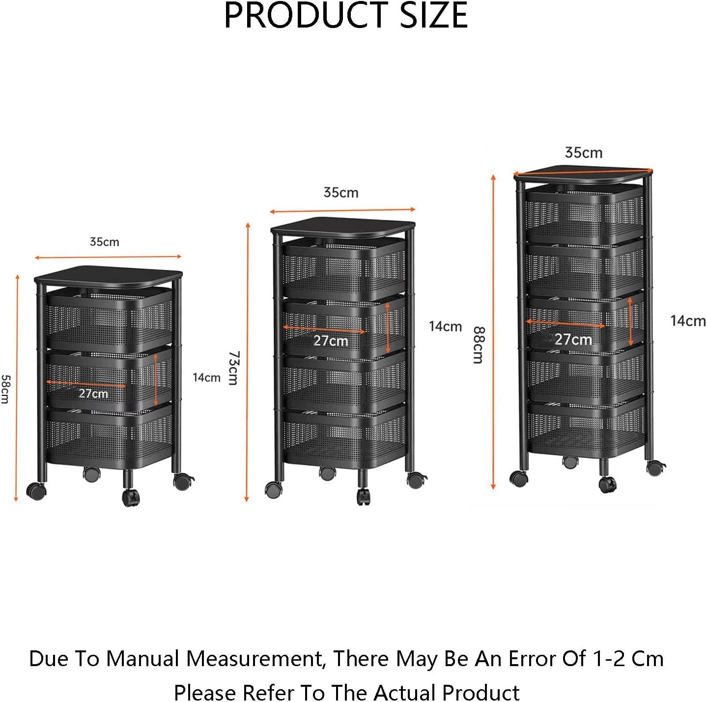 Square Rotating Fruit and Vegetable Shelf,Storage Rotating Basket,Bathroom Shelf with Wheels,Space-Saving,for Kitchen Bathroom Bedroom(Black,4 Tiers)