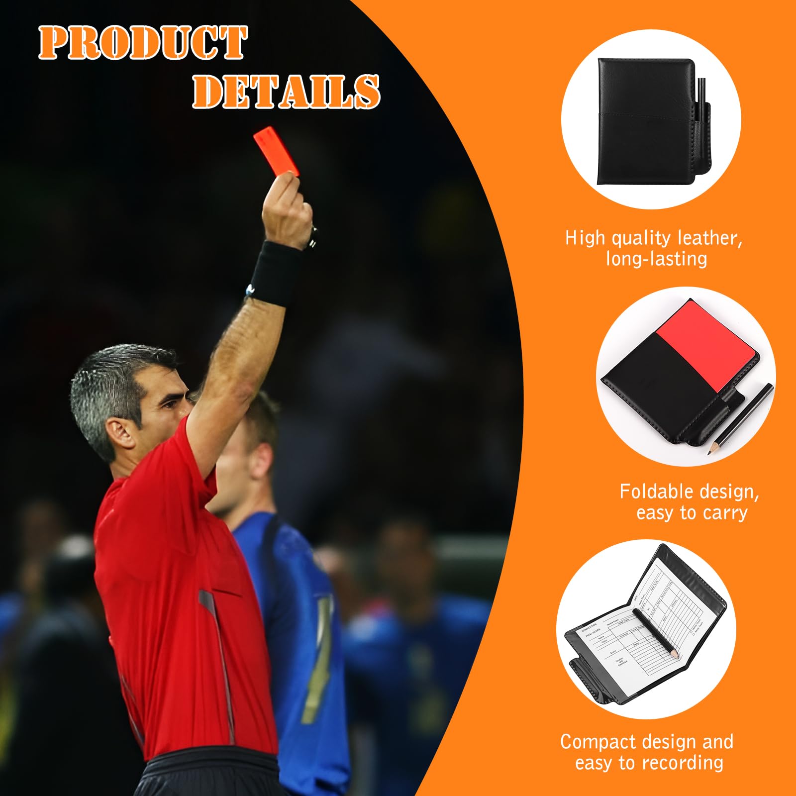 Juego de tarjetas de árbitro de fútbol rojo y amarillo con papeles de registro y hoja de puntuación