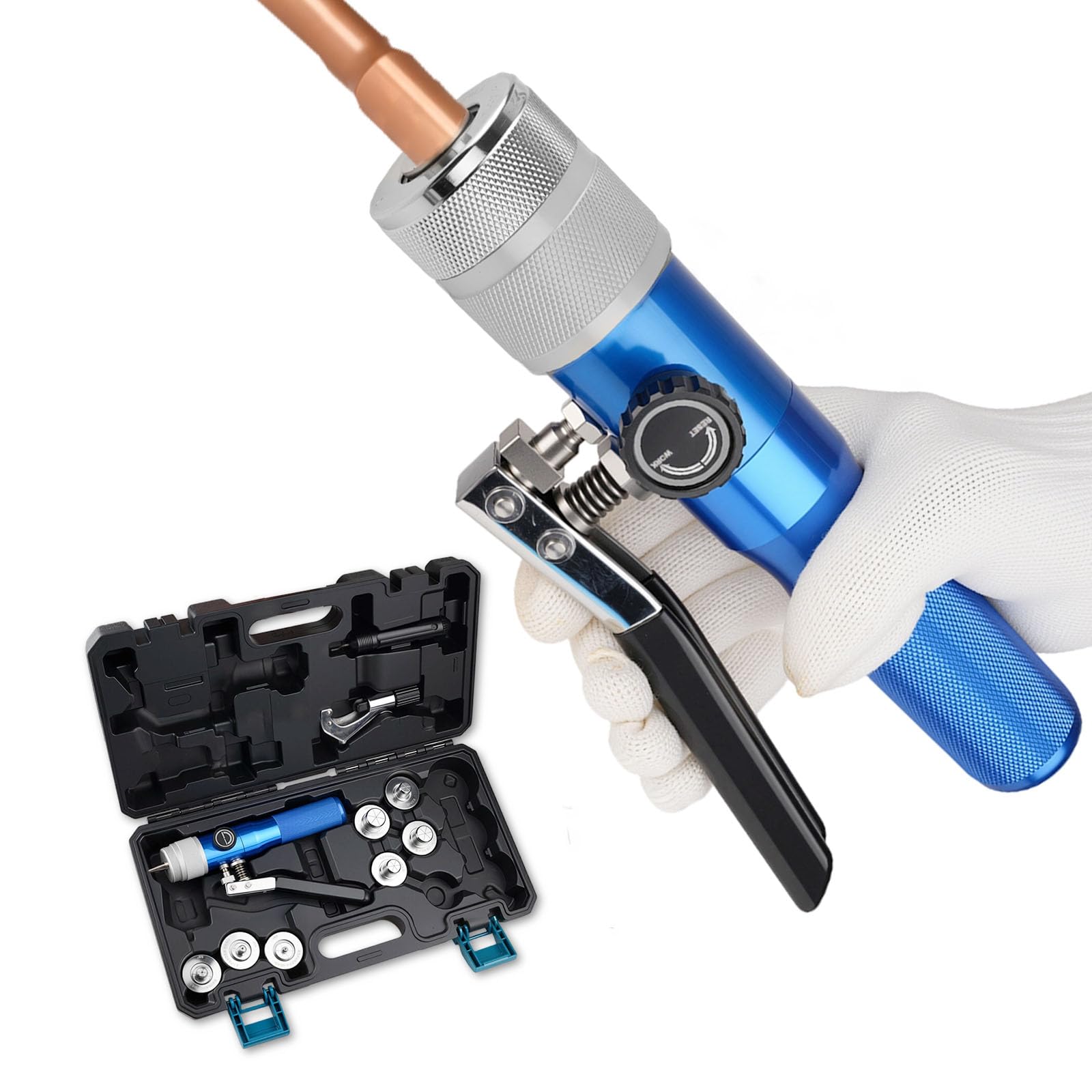 Hydraulischer Rohr-Expander Swaging Tool Set, 0,95 cm bis 3,8 cm OD HVAC Rohr Expander Werkzeuge mit 7 Expanderköpfen, Rohrschneider, Entgratwerkzeug, Bördelwerkzeug HVAC für Kupfer/Aluminium