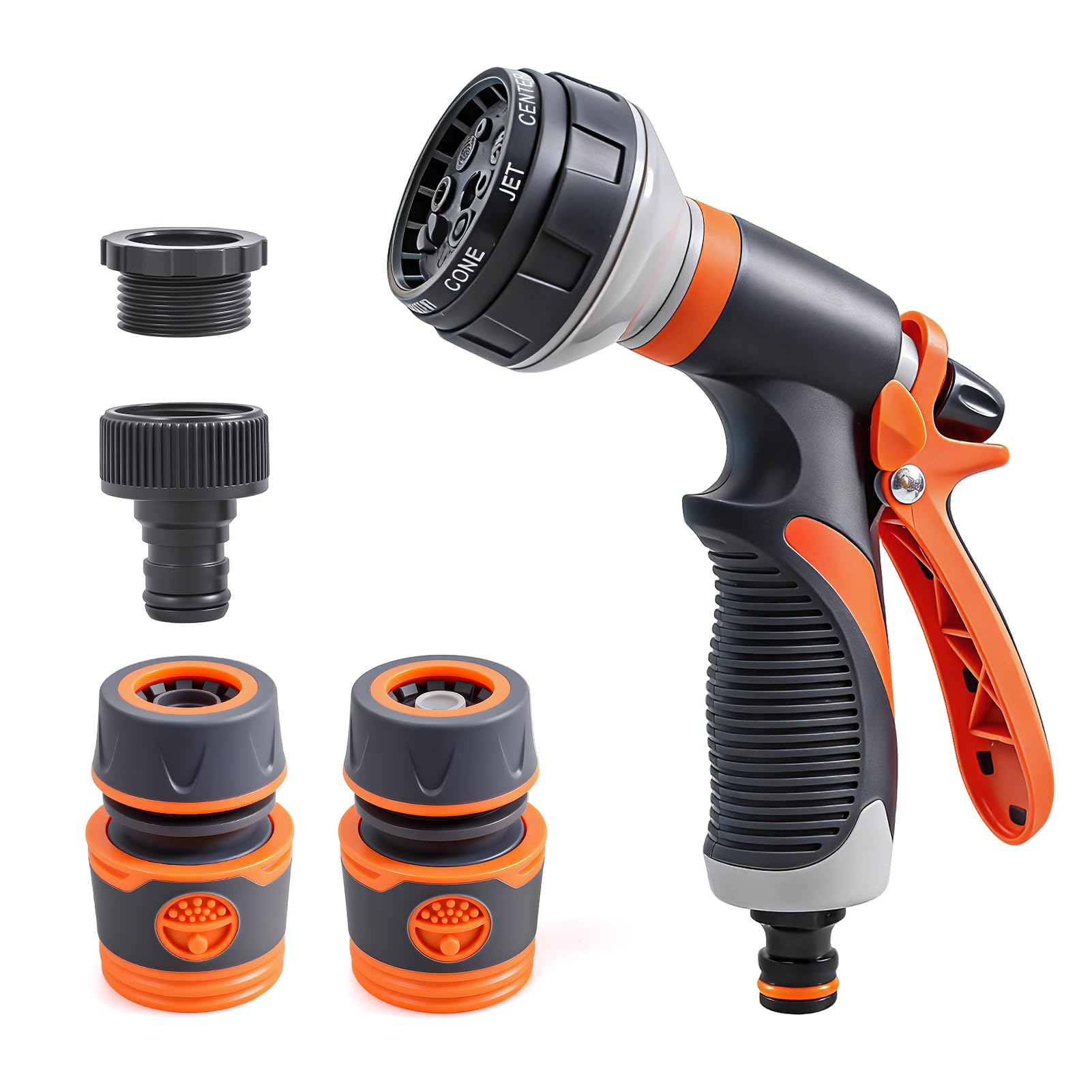 moinkerin Gartenbrause 8 Bewässerungsmuster Garten Handbrause Einstellbarer Wasserdurchfluss Gartenschlauch Aufsatz für Rasenbewässerung, Hofreinigung, Autowäsche,Haustierwäsche (1 Stück, Orange)
