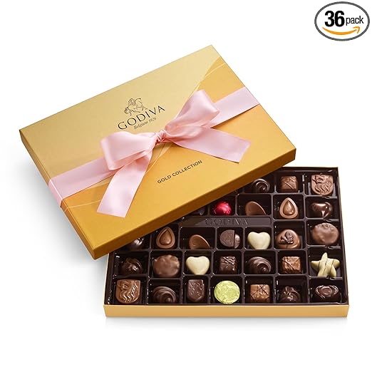 Godiva Chocolatier Pink Ribbon 36-Piece Assorted Chocolate Gift Box – Gourmet Chocolate Candy Variety Pack – Dark Caramel, Milk Chocolate, Nuts– Gift Basket for Birthday, Anniversary, Congratulations
