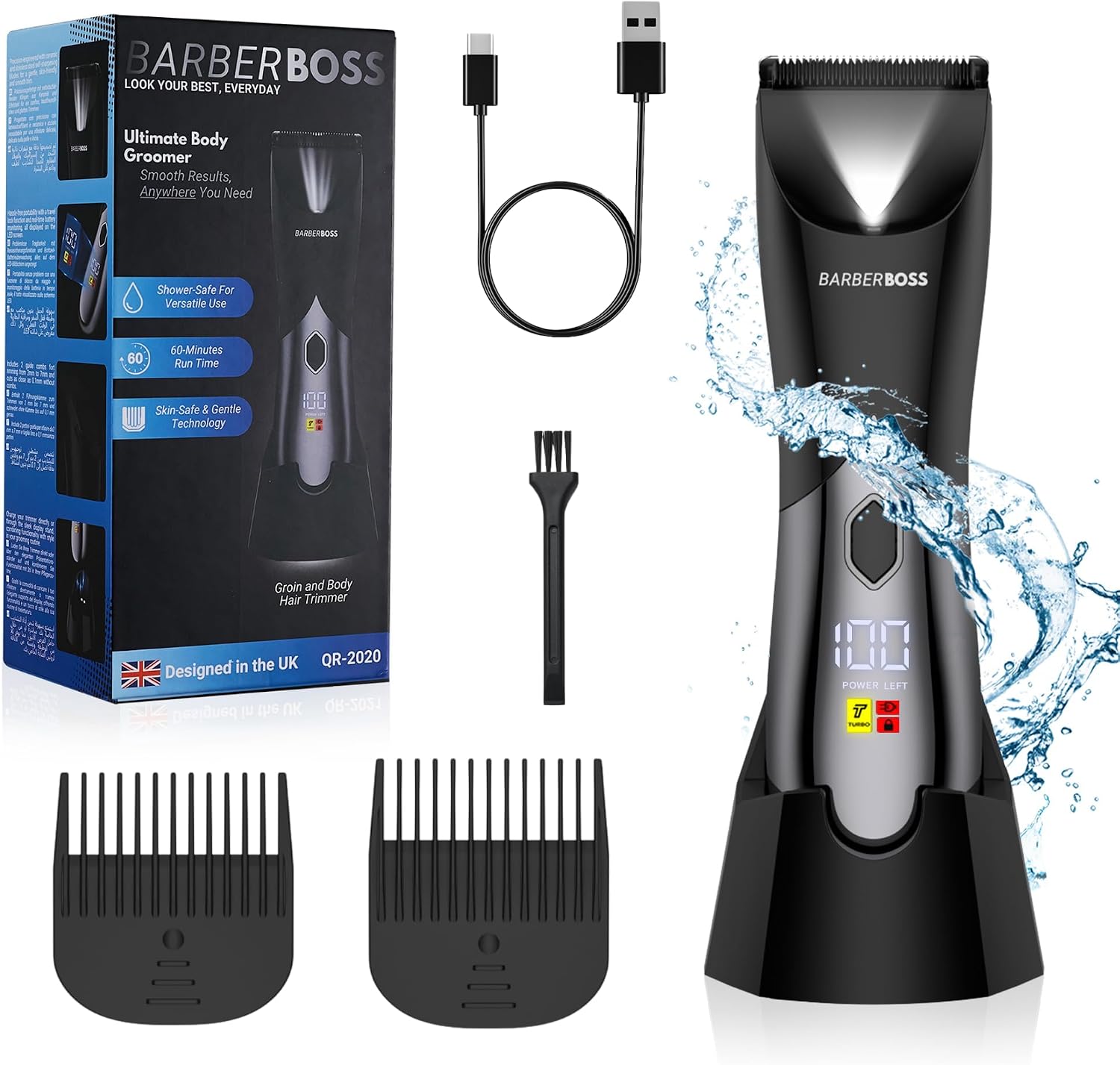 BarberBoss Men's Body Groomer, Pubic Hair Trimmer for Men, Hair Clippers, Ball Trimmer Men, Waterproof and Rechargeable Groin & Ball Shaver, Intimate Hair Clippers with Travel Lock