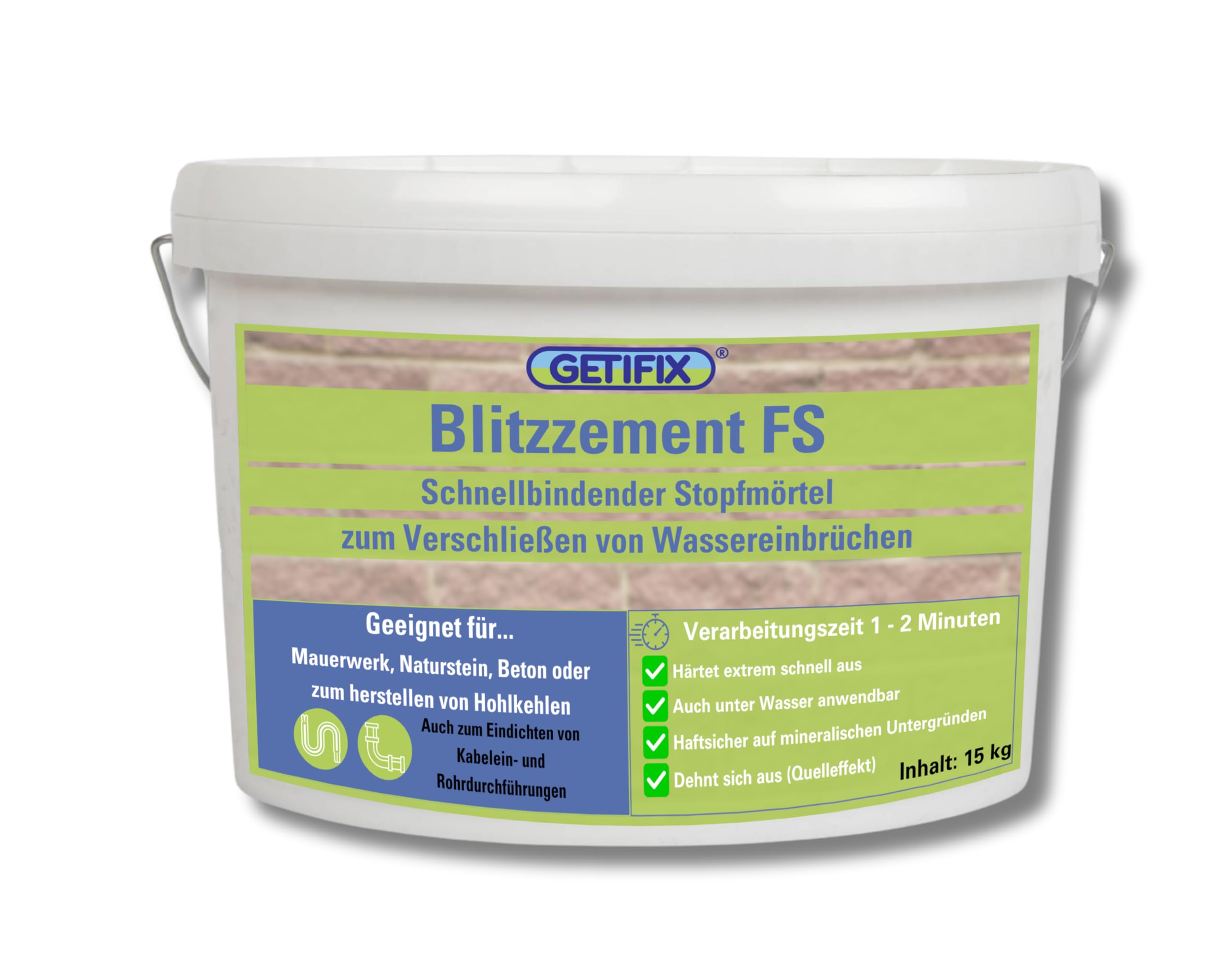 Blitzzement FS 15 kg Eimer – Außen und Innen, wasserdicht, zum äußerst schnellen Verschließen von Wassereinbrüchen und Undichtigkeiten in Beton-, Mauerwerk-, und Natursteinkonstruktionen