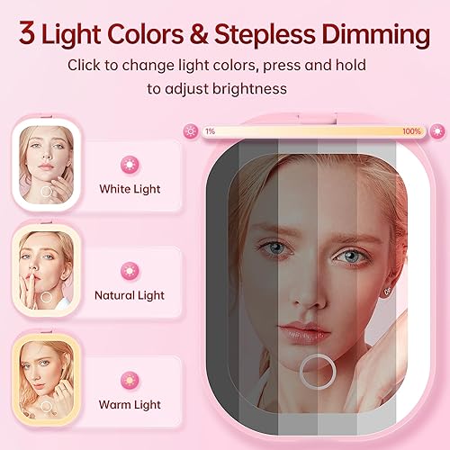 Miniatura 5 de Benbilry Espejo de maquillaje compacto con iluminación ultrafina, espejo de bolsillo LED 1X3X con 3 luces regulables de color, cierre magnético y