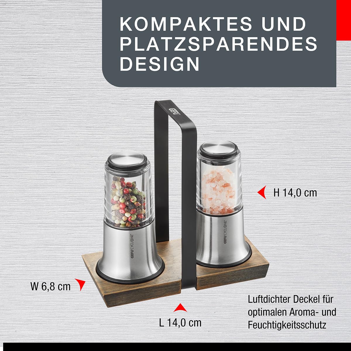 GEFU X-PLOSION Salz- & Pfeffermühlen-Set S mit Akazienholz-Menage | 2 Gewürzmühlen mit CYCLONE Keramikmahlwerk, stufenlos einstellbar, hochwertiges Edelstahl & Akazienholz-Set