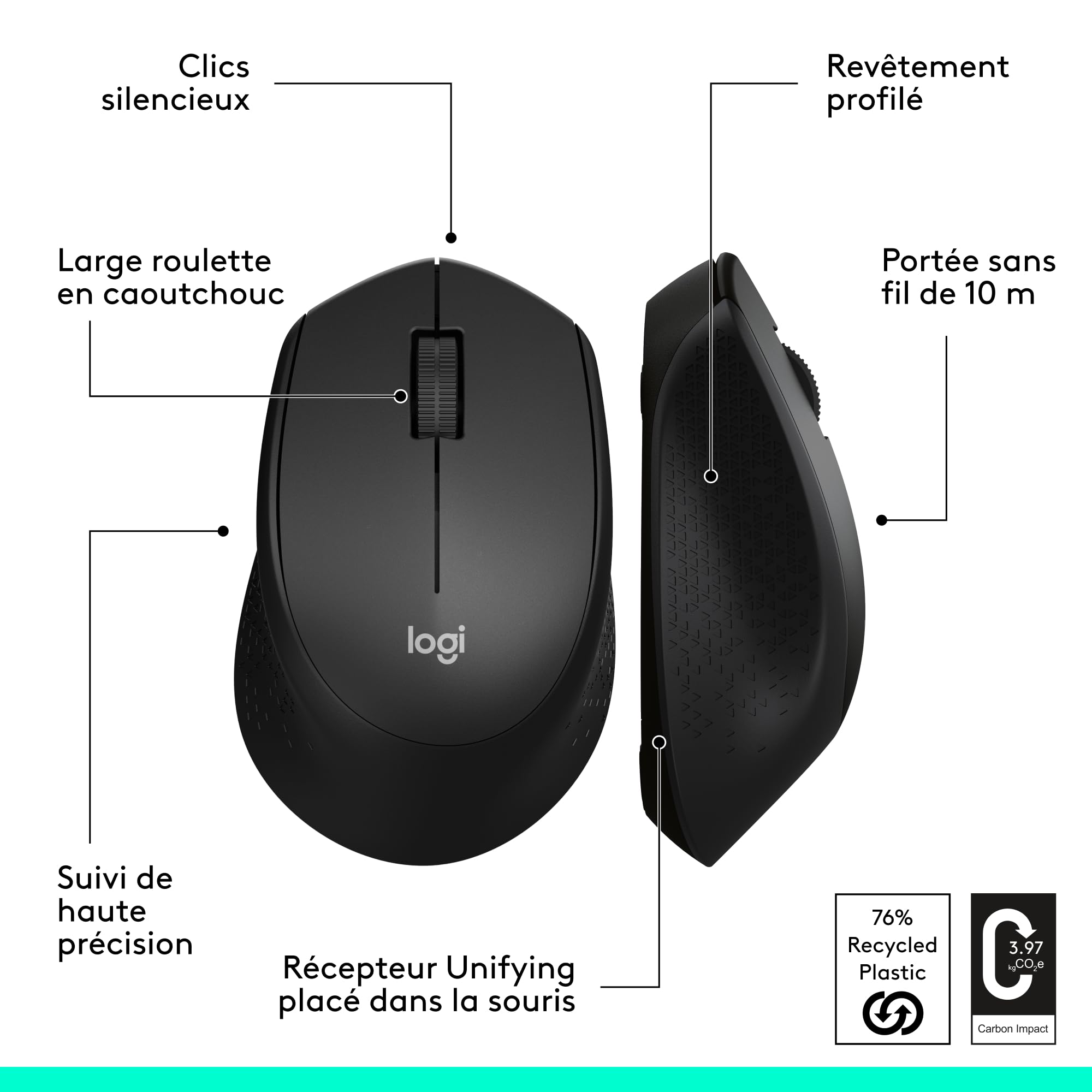 Logitech M330 Silent Plus Souris Sans Fil, Récepteur Nano USB 2,4GHz, Résolution Capteur Optique 1000 ppp, Pile Durée 2 ans, Compatible PC, Mac, Ordinateur Portable, Chromebook - Noir
