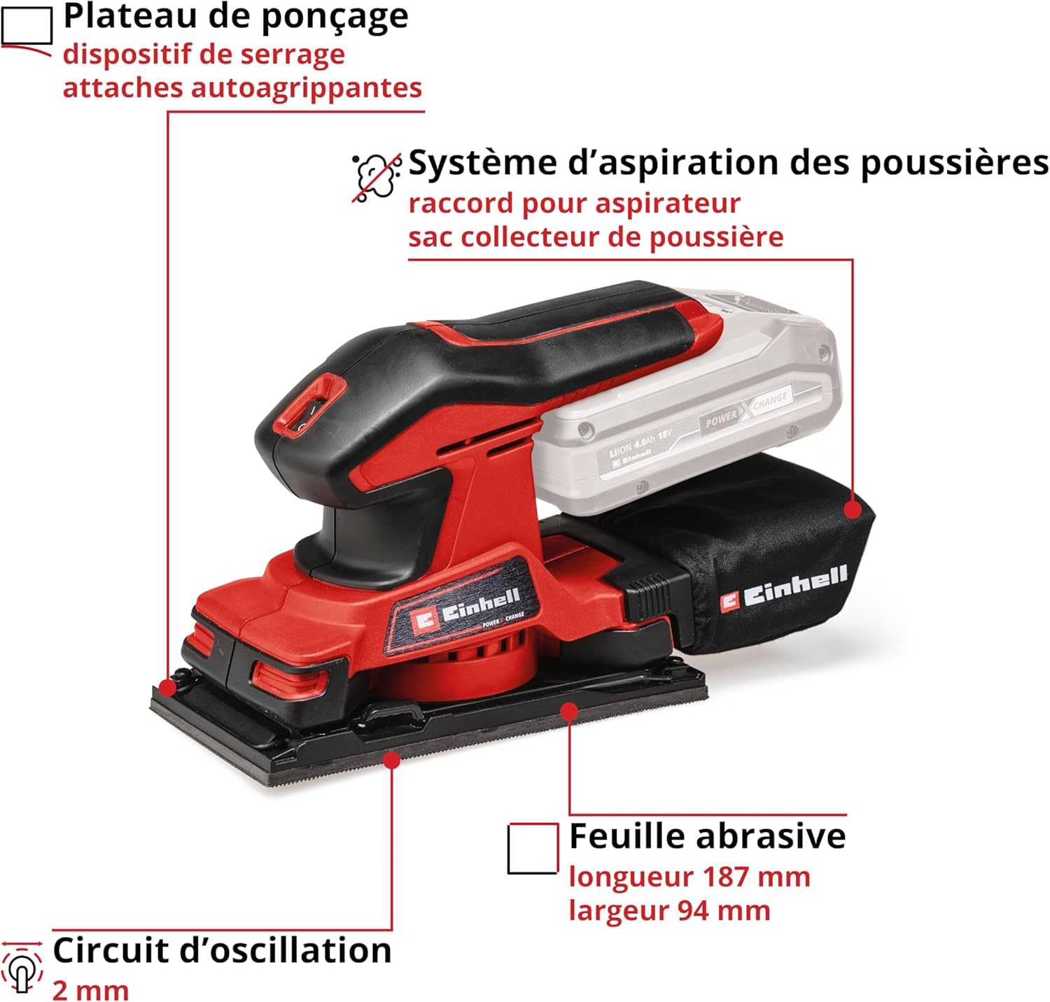 Einhell Ponceuse vibrante sans fil TC-OS 18/187 Li-Solo Power X-Change (18V, fixation auto-agrippante, Softgrip, avec feuille de papier abrasif) Livré sans Batterie ni Chargeur
