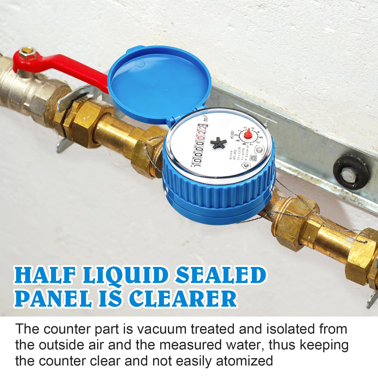 Compteur d'eau: 1/2 Pouce Horloge à Eau Froide, Compteur De Robinet avec Couvercle De Protection Et Connecteur en Laiton pour La Maison Le Jardin Et Un Usage Domestique (Bleu)