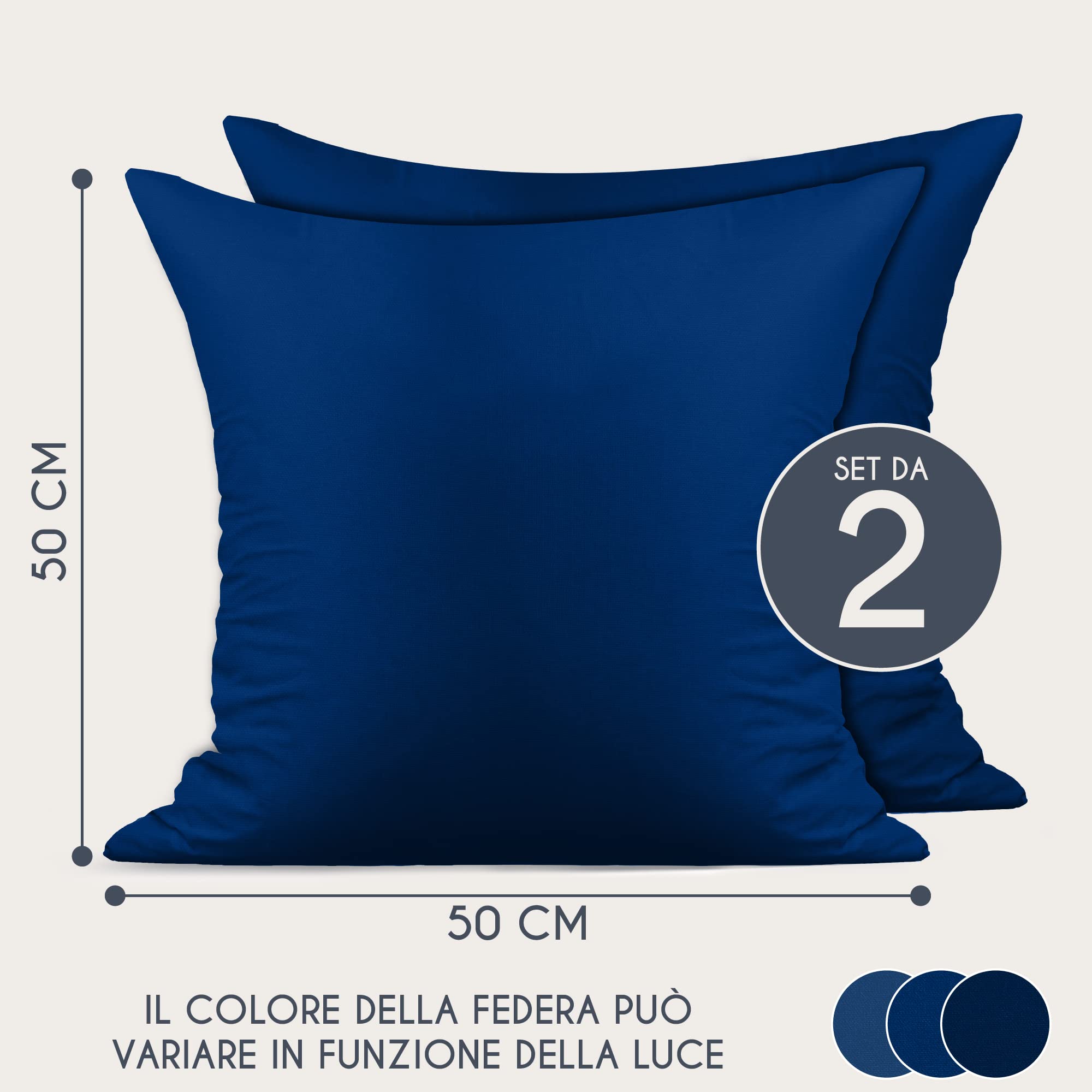 Dreamzie Federe 50x50 Cotone Rinforzato (Set da 2) - Blu Scuro - Trama Fitta a 57 Fili/cm² - Federe Cuscini 50x50 cm - Federe Cuscino 50x50 Certificate Oeko Tex