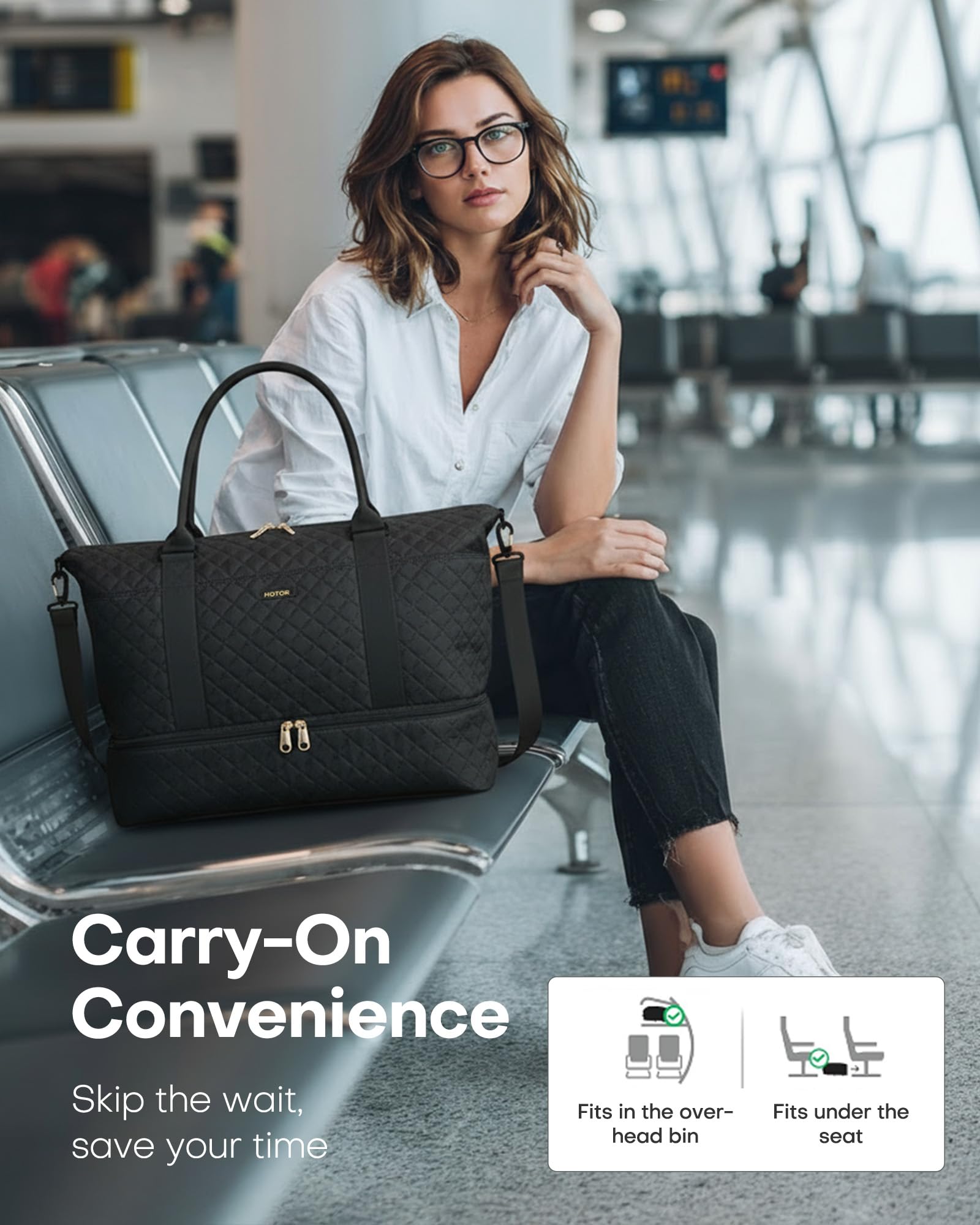 HOTOR Travel Duffel Bag - Weekender Bags for Women, Carry On Overnight Bag with Shoe Compartment, with Toiletry Bag for Travel Essentials and Travel Accessories, Black, 13.4"×17.3"×7.9"