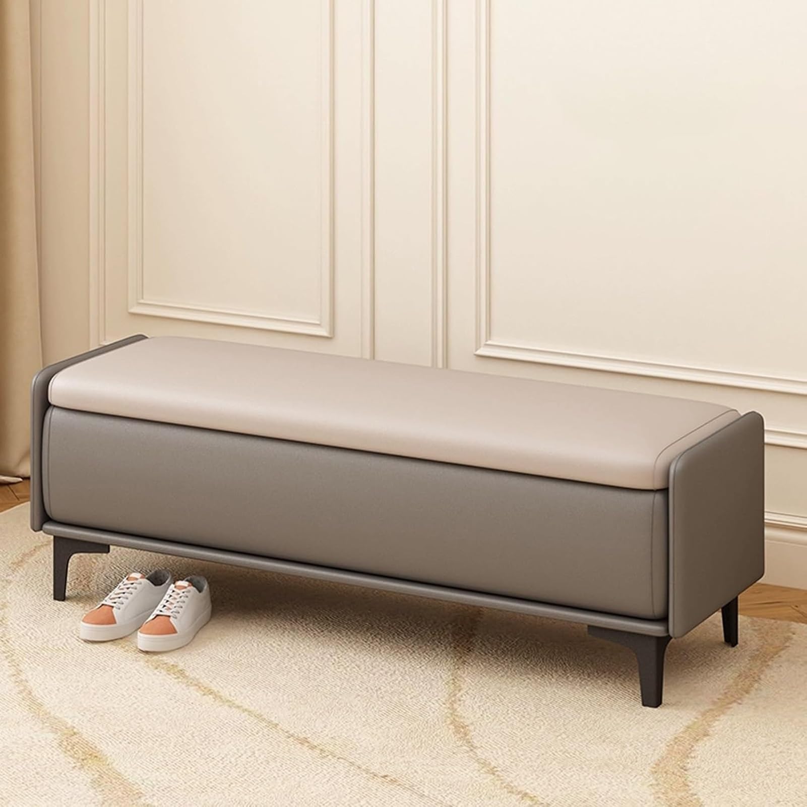 MSHGSKU Modern Storage Bench for Living Room & Entryway, Cushioned Ottoman with Shoe Storage, Multi-functional Window Seat (Khaki Gray, 100cm/40in)