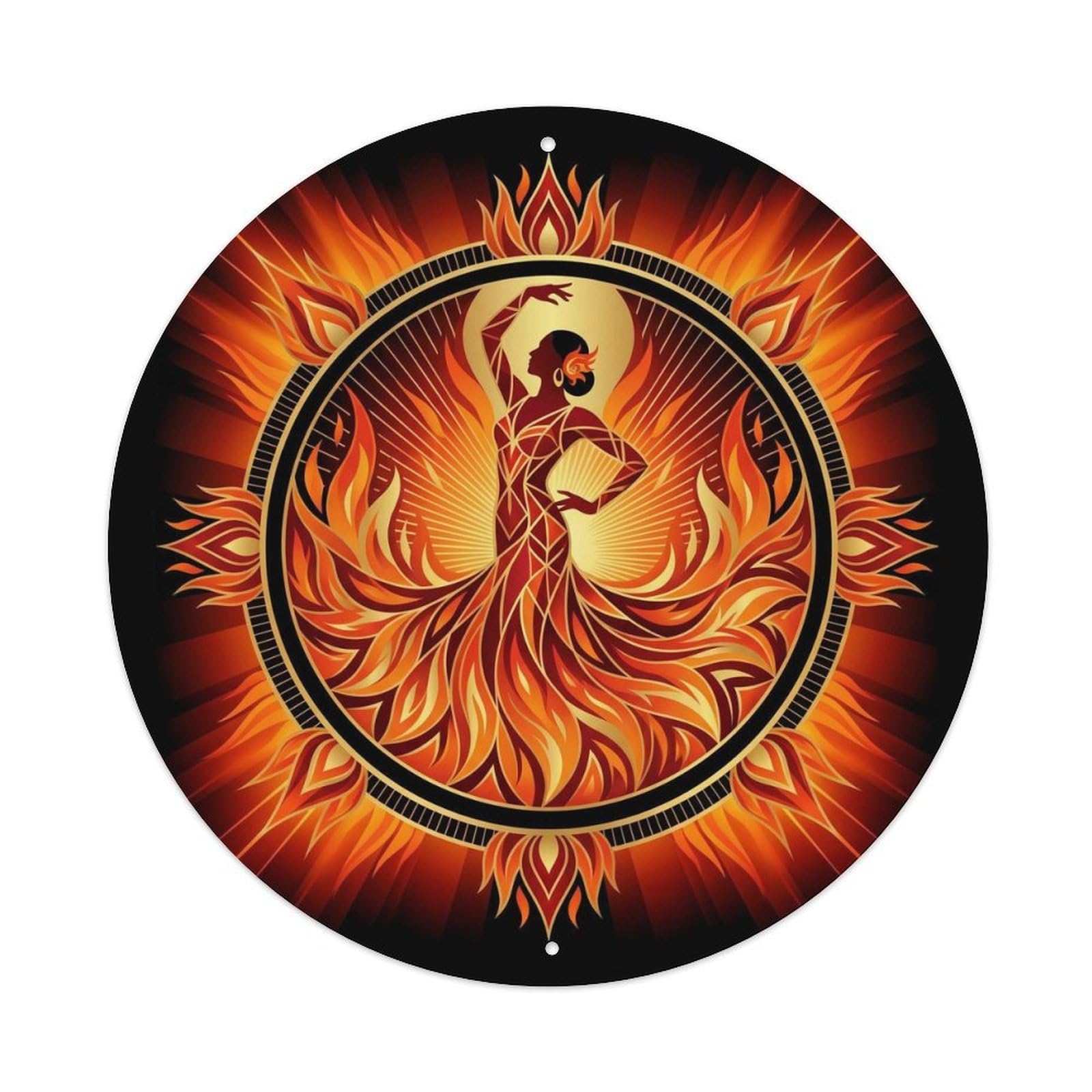 Flamenco Dancer Deco Style Spanish Performance Fire Motion Metal Tin Sign Plaque Wall Decor for Cafe, Man Cave, Club Bar, Office, Home Garden Round Metal Poster 8x8Inch