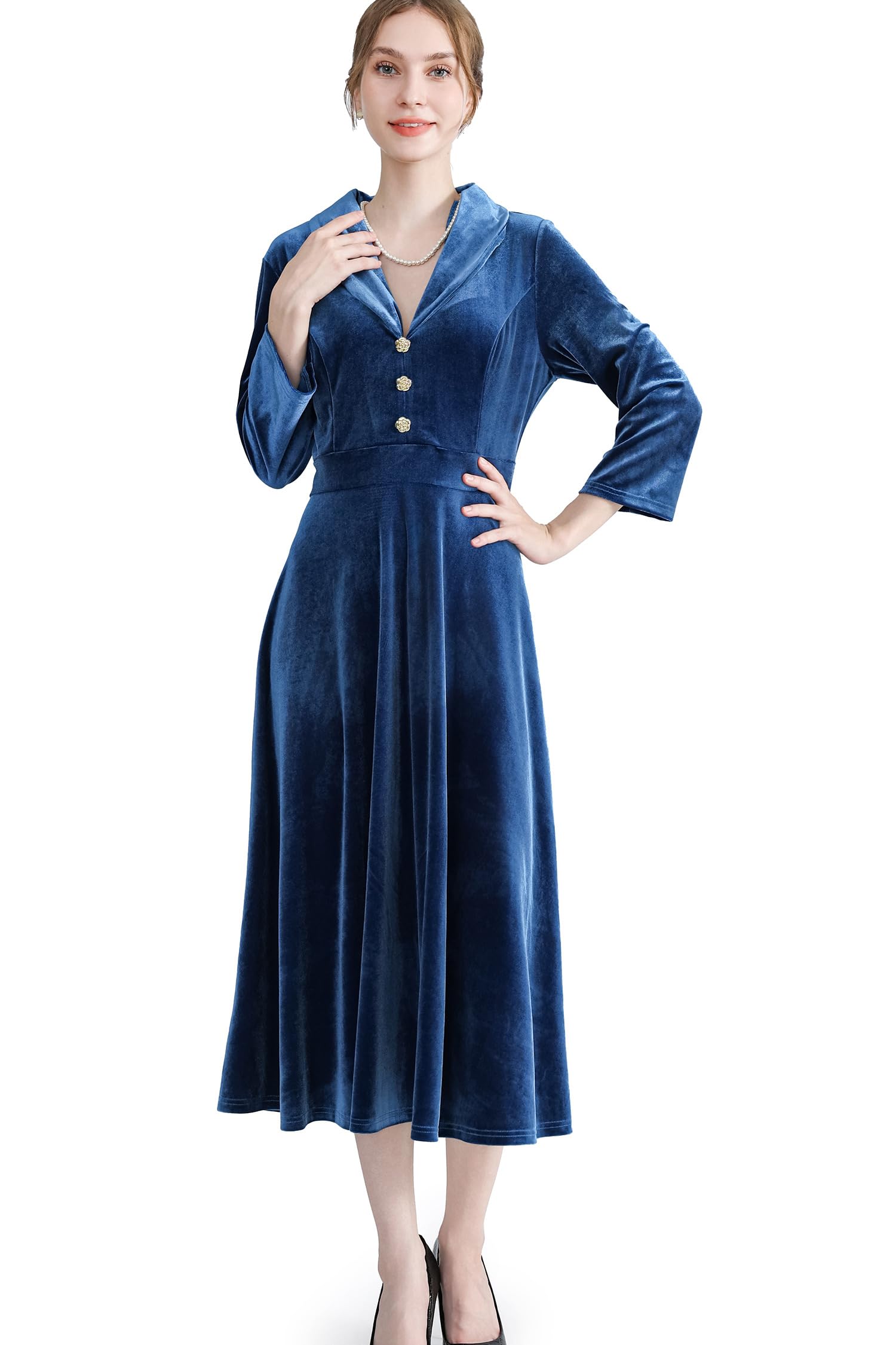AXOE Femme Robe Velours Elegant Vintage Midi Manches 3/4 Vêtements Hiver Soiée Fete Mariage Invité