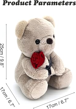 HWD 9.8'' Teddy Bear with Rose, Soft Plush Doll Stuffed Animals Toys, Gifts for Her/Girlfriend Lover Mom Kids Toddlers (Gray)