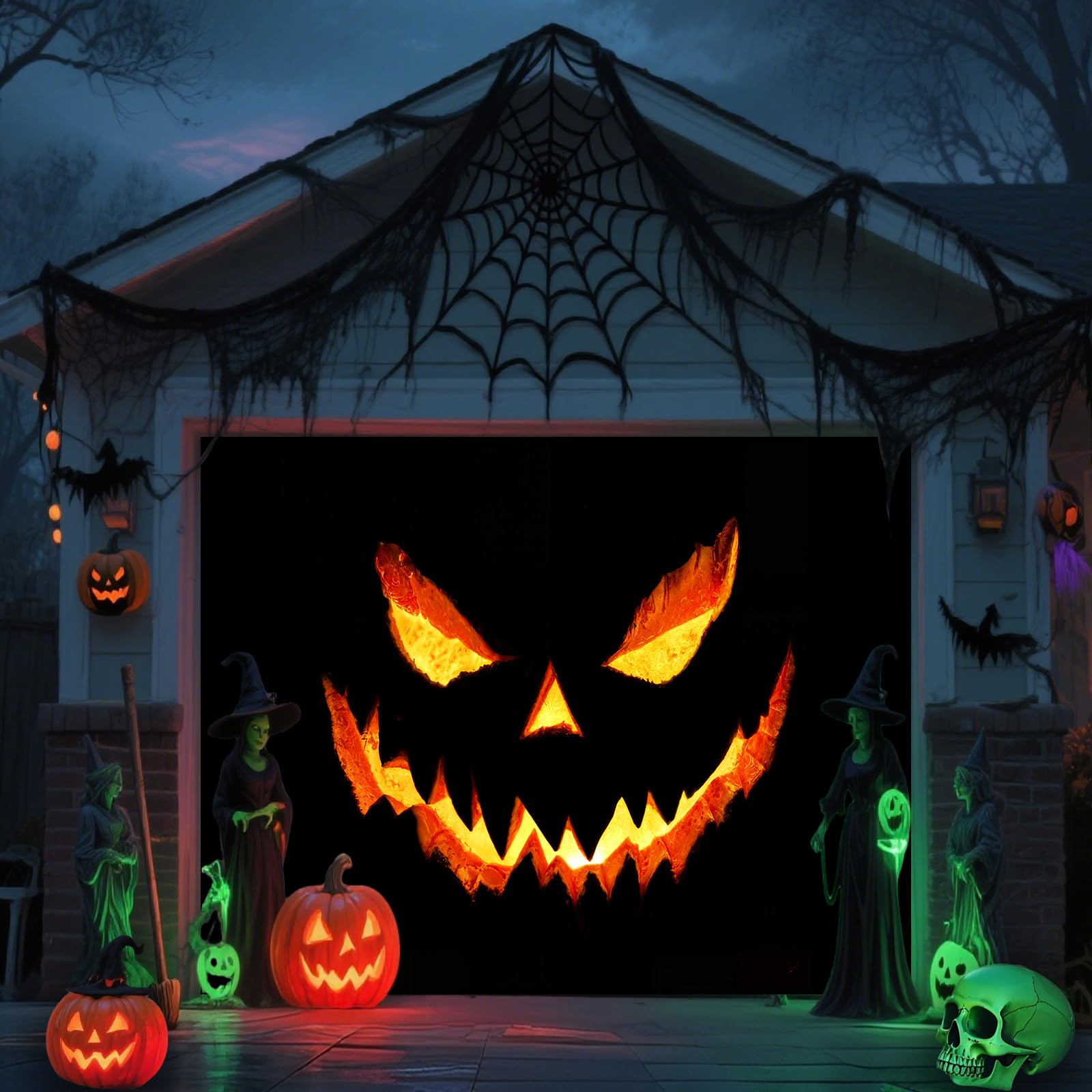 Halloween Garage Door Cover Banner Decorations, Scary Halloween Holiday Pumpkin Outdoor Car Garage Door Murals Buddy Decorations Backdrops Party Wall Decor Single 8 X 7 Ft