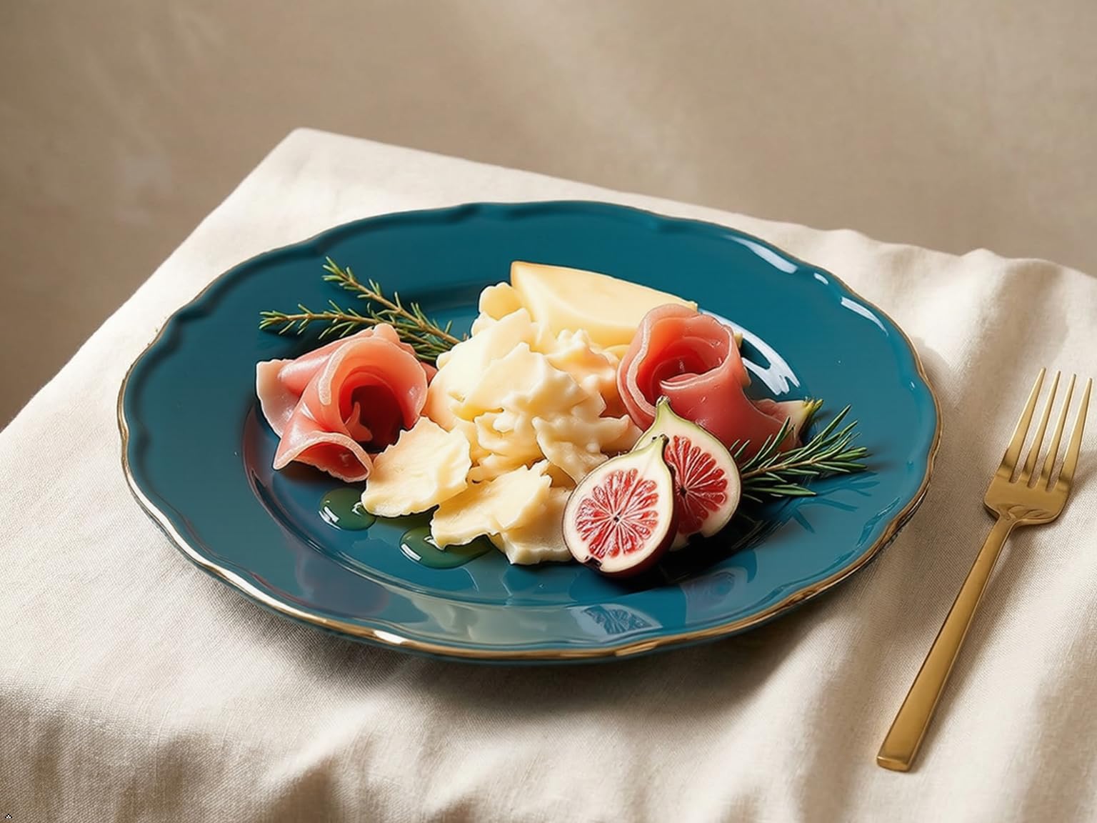 Gold Rim Porcelain Plates Set - Teal -6