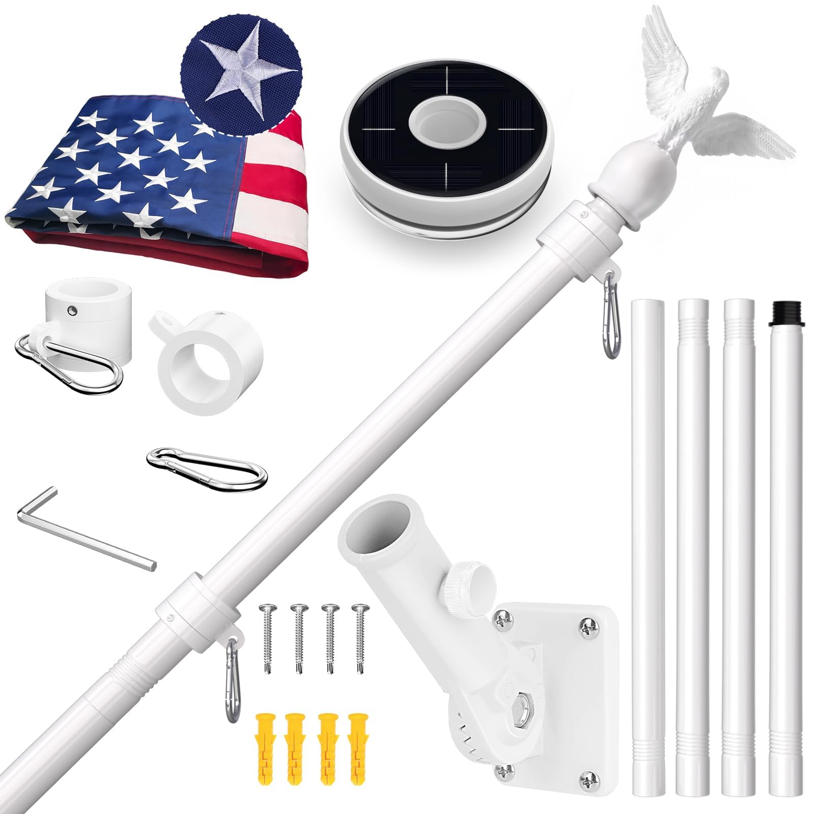Photo 1 of ***MISSING SELLING AS IS *** LETSTRY American Flag with Pole & Flag Pole Light, 5FT White Flagpoles for Outside House with 180° Adjustable Bracket, 1" Thickened Stainless Steel Wall Mount Flagpole for Residential Porch Outdoor