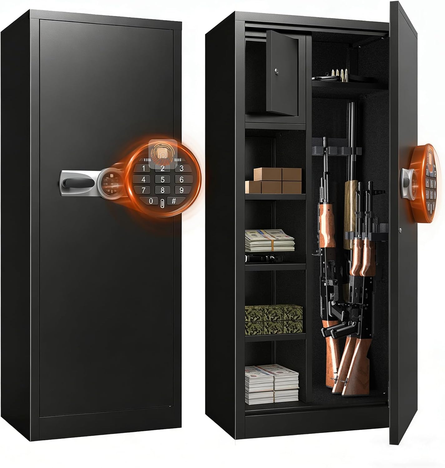 Biometric 8-12 Long Gun Safe, Quick Access Gun Safe for Rifles and Pistols with Handle, Gun Cabinet with LED Light and Internal Cabinet, Easy Assembly Gun Locker
