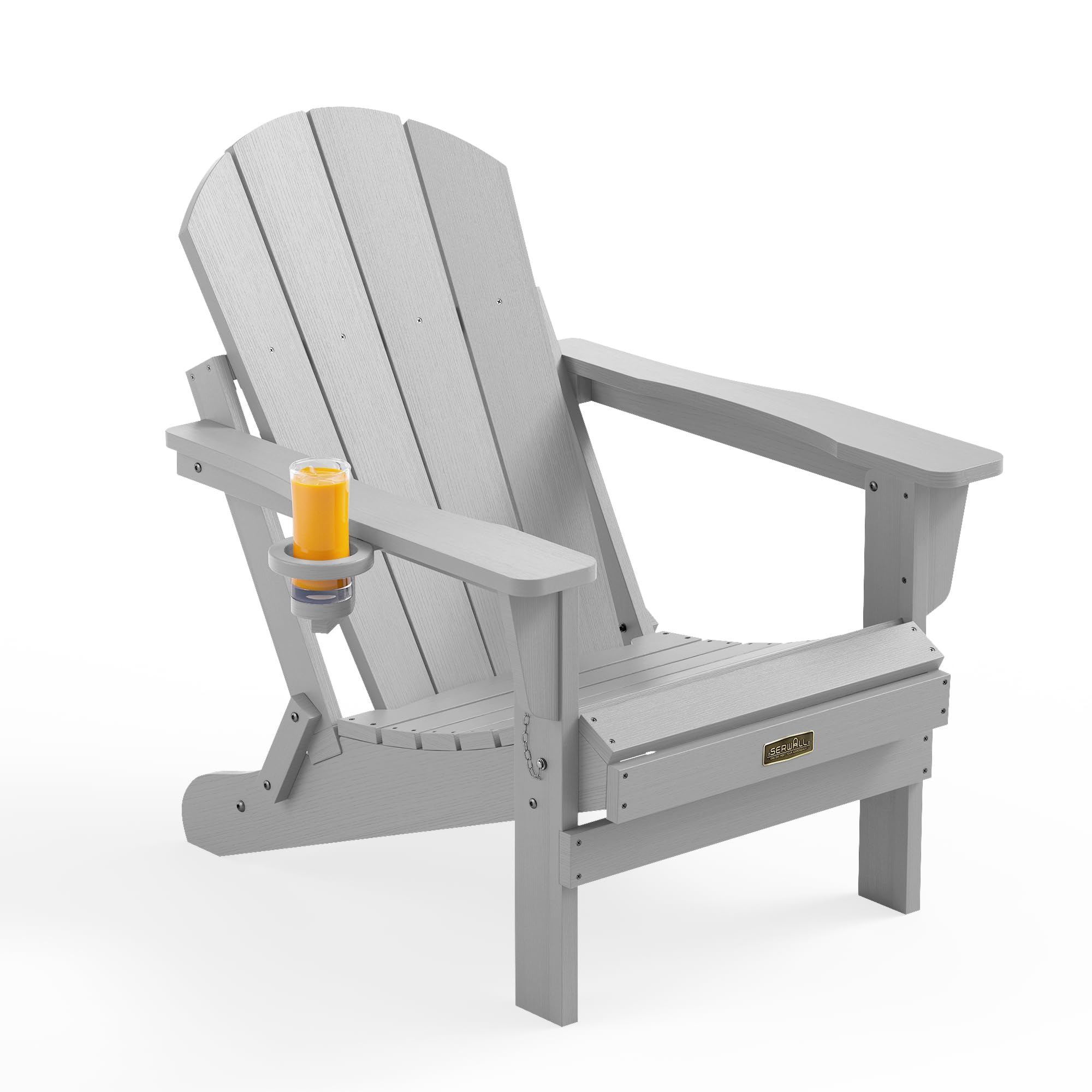 SERWALL Folding Adirondack Chair with Cup Holder, Fire Pit Chair-Light Gray