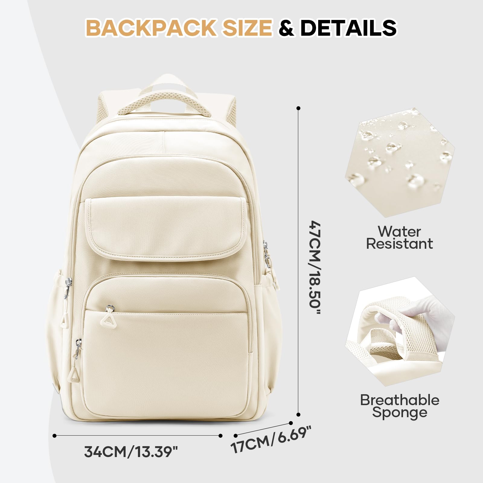 HYC00 Plecak Szkolny Młodzieżowy Dziewczęcy Tornister Lekki Szkoły średniej Dziewczyny Plecaki Studenckie Kobiety Szkolny Plecak Uniwersytet Casual Daypack Laptopa Backpack for Women Work Bag,Beżowy
