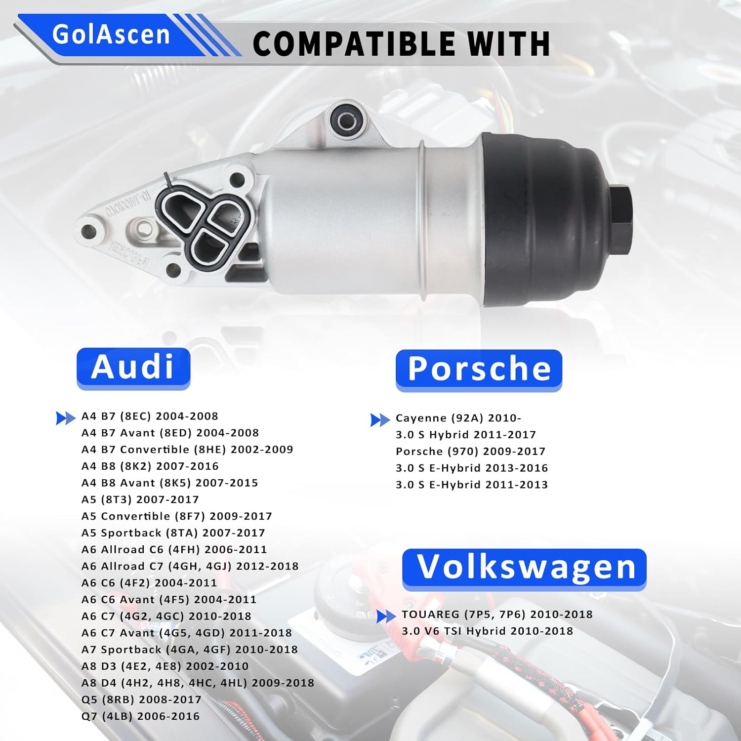 Upgrade 3.0L Aluminum Oil Filter Housing Compatible with Audi A4 2006-2008 A5 2008-2014 A6 A7 A8 Quattro Q5 Q7 2010-2015 RS5 S4 S5 SQ5 Replaces# 06E115405A, 06E115405C, 06E115405K