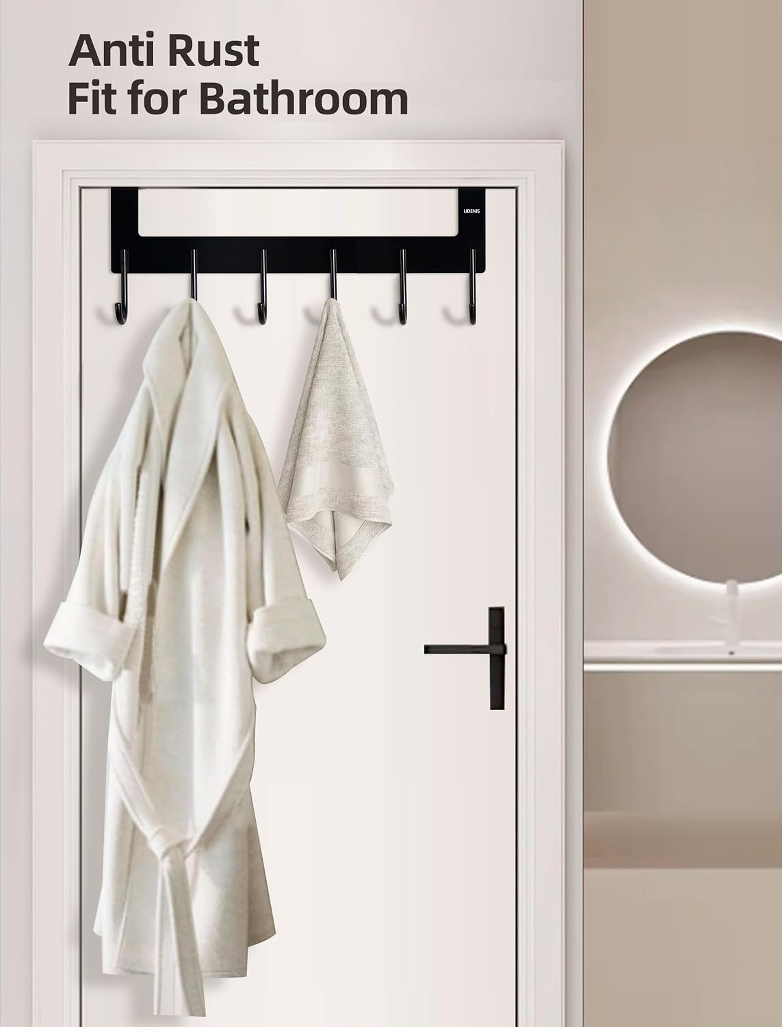 Aluminum Over Door Hanger - No Drill Towel Rack with 6 Hooks for Bathroom & Bedroom, Anti-Rust Space Saving Clothes Organizer for Hanging Robe, Coat, Clothes, Sturdy Door Hook Rack for Storage image 4