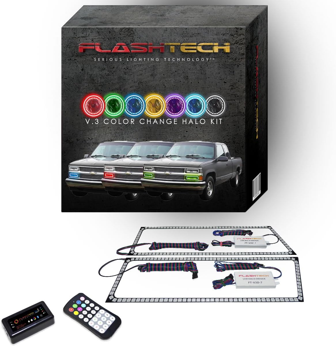Flashtech RGB LED Halo Ring Accent Light Kit Compatible with Chevrolet C1500 (1988-1998) Headlight Housings - App + RF Remote