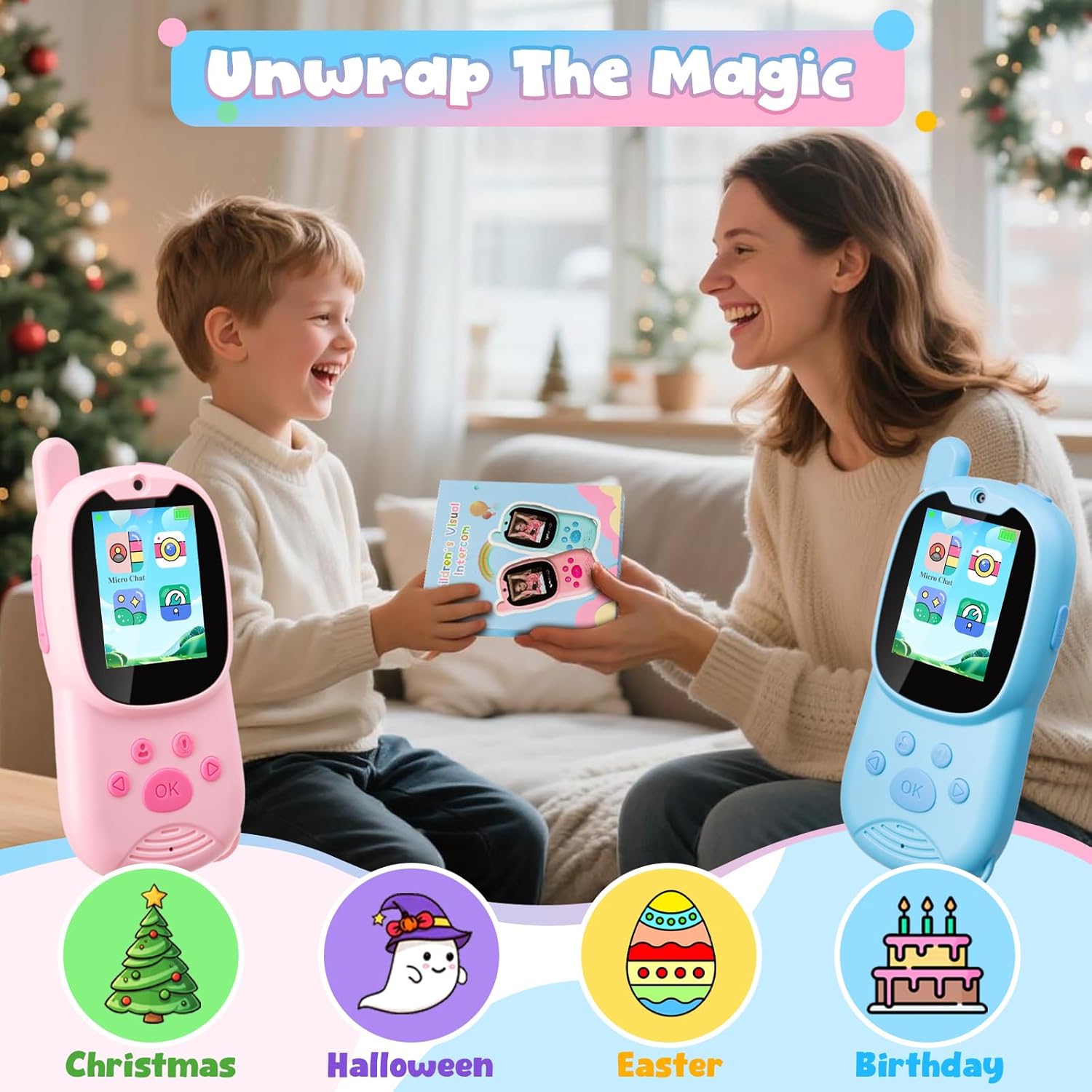 Video Walkie Talkies for Kids, Facetime Walkie Talkies Toys for Age 3-12 Boys Girls, HD Camera & Voice Changer 1000FT Long Range Recharge Kids Valentines Easter Gifts Indoor Outdoor Camp (Blue+Pink) - Image 8