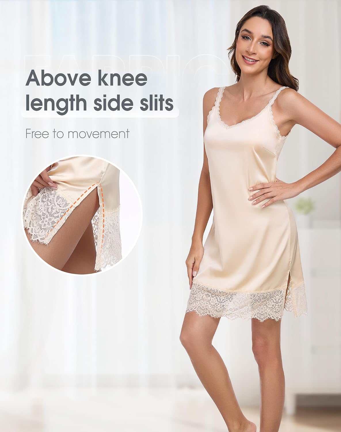 Stain Full Slip for Women Under Dresses Lace Trim Underdress Slip Nightgown V Neck Sleepwear