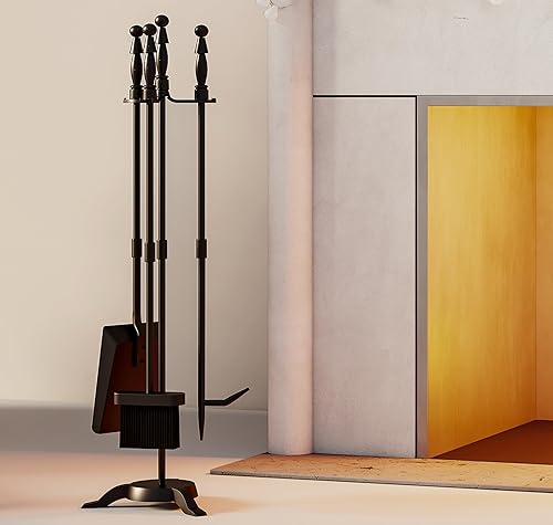 Miniatura 3 de Fire Beauty Juego de 4 herramientas para chimenea de hierro forjado negro para exterioresinteriores, incluye póquer, pala, cepillo y juego de