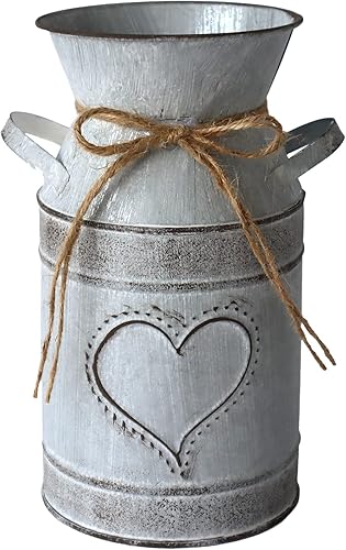 Lata de leche galvanizada, jarrón retro antiguo, maceta de metal, rústico, vintage, primitivo, soporte para flores, planta de campo para decoración
