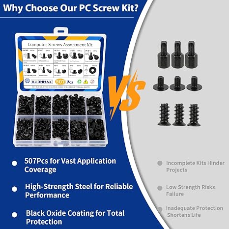 507Pcs Professional Computer Screws Assortment Kit, Includes Motherboard Screws, Standoffs, PC Case, SSD, Hard Drive, Fan, CD-ROM Screws, Long-Lasting for DIY PC Build and Repair