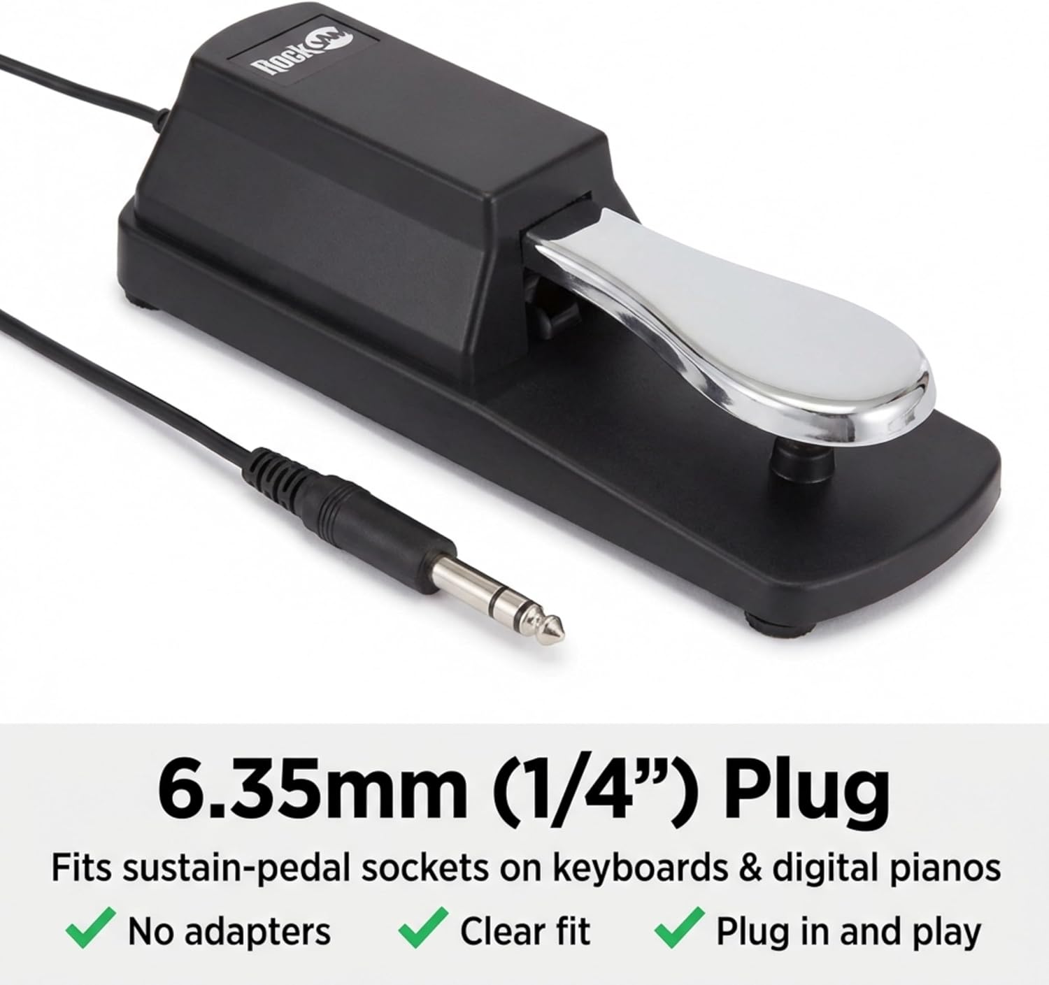 RockJam 6.35mm Sustain Pedal for Electronic Keyboards and Digital Pianos with Polarity Switch, Anti-Slip Rubber Bottom and 5.9 ft. Cable