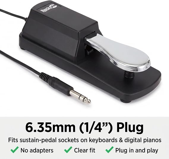 RockJam 6.35mm Sustain Pedal for Electronic Keyboards and Digital Pianos with Polarity Switch, Anti-Slip Rubber Bottom and 5.9 ft. Cable