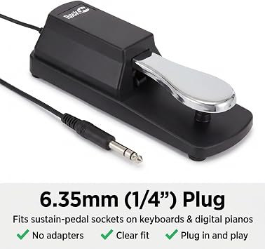 RockJam 6.35mm Sustain Pedal for Electronic Keyboards and Digital Pianos with Polarity Switch, Anti-Slip Rubber Bottom and 5.9 ft. Cable
