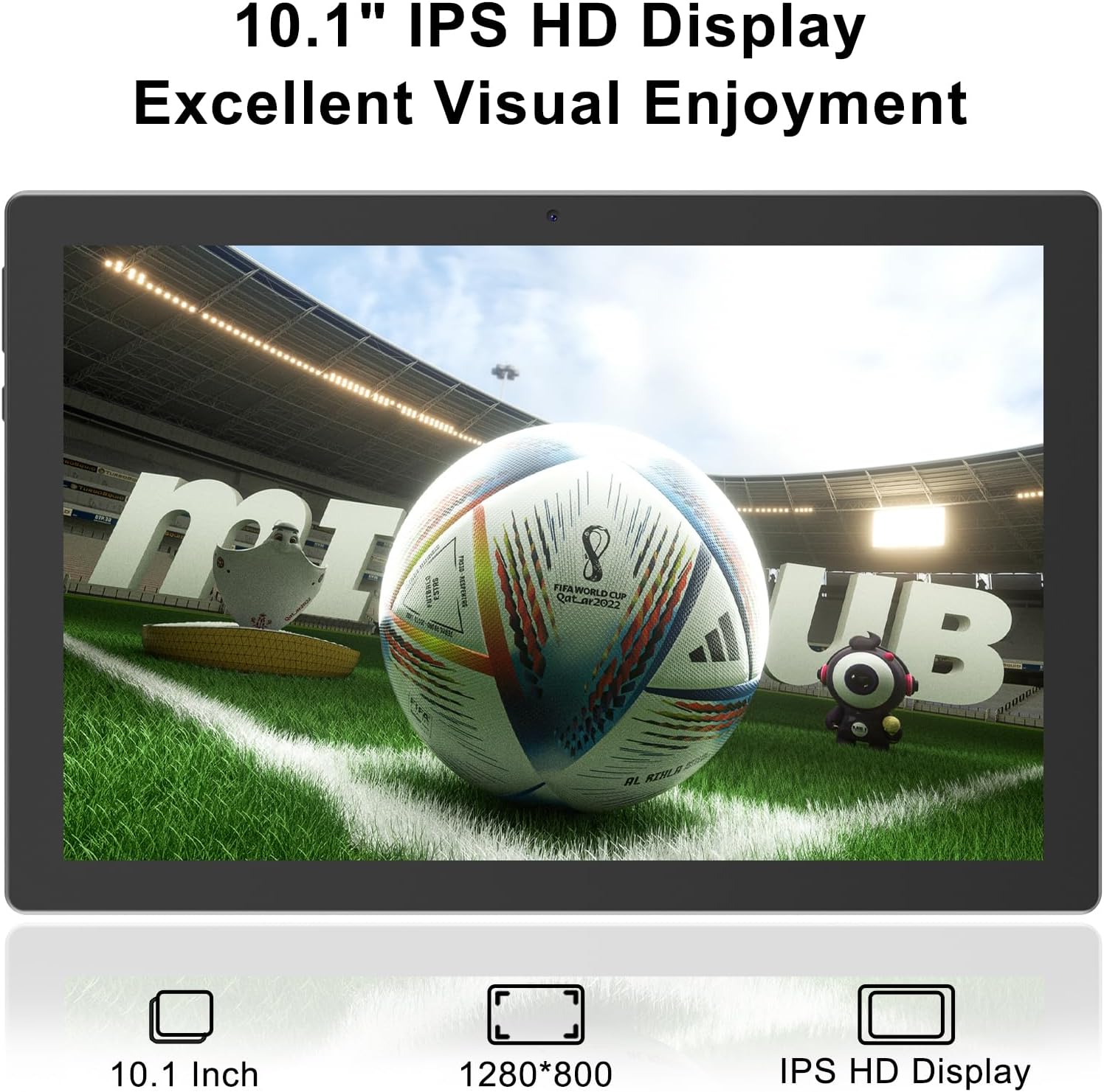 Tablet displaying a football on a field, highlighting its 10.1-inch HD IPS display
