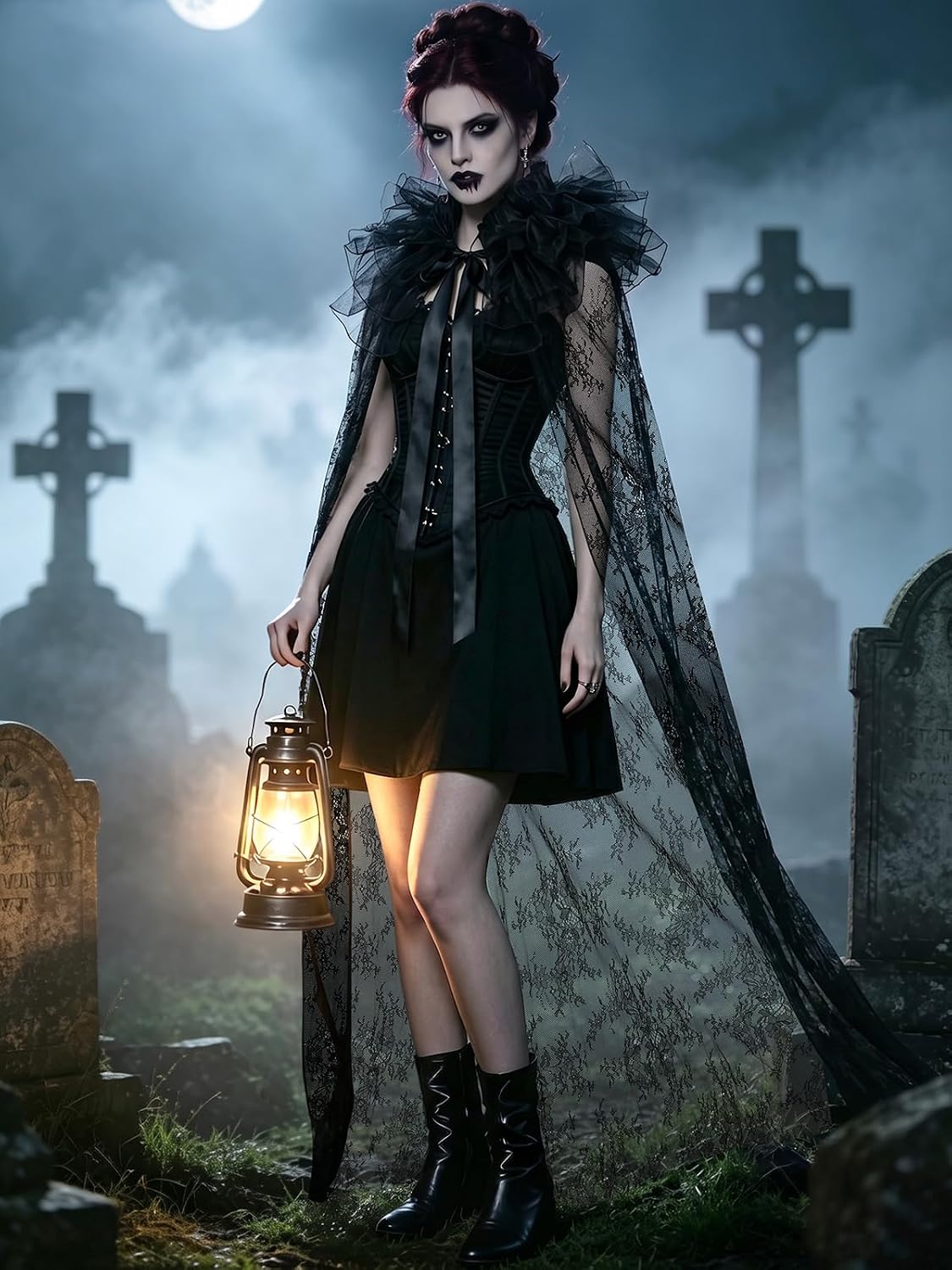 Black Lace Cape Gothic Witch Cloak for Halloween Outfit